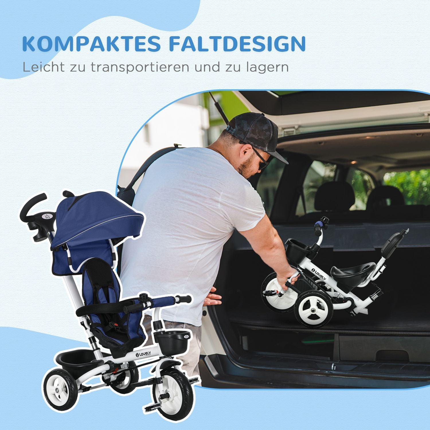 2-i-1 Tricycle Push Bar Trehjulssykkel Barnesikkerhetsbelte Sammenleggbart soltak Drikkeholder Basket Pedal 1-5 år Blå