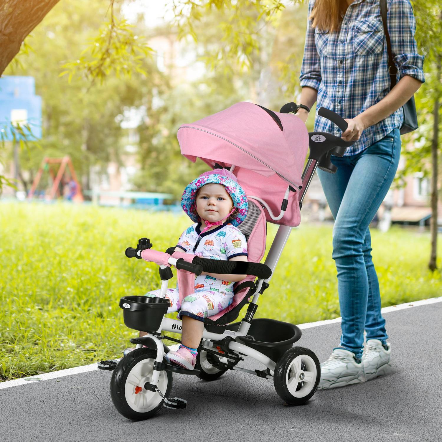 2-I-1 Trehjuling Push Bar Barns Trehjuling Säkerhetsbälte Fällbart Soltak Dryckeshållare Korg Pedal 1-5 År Rosa