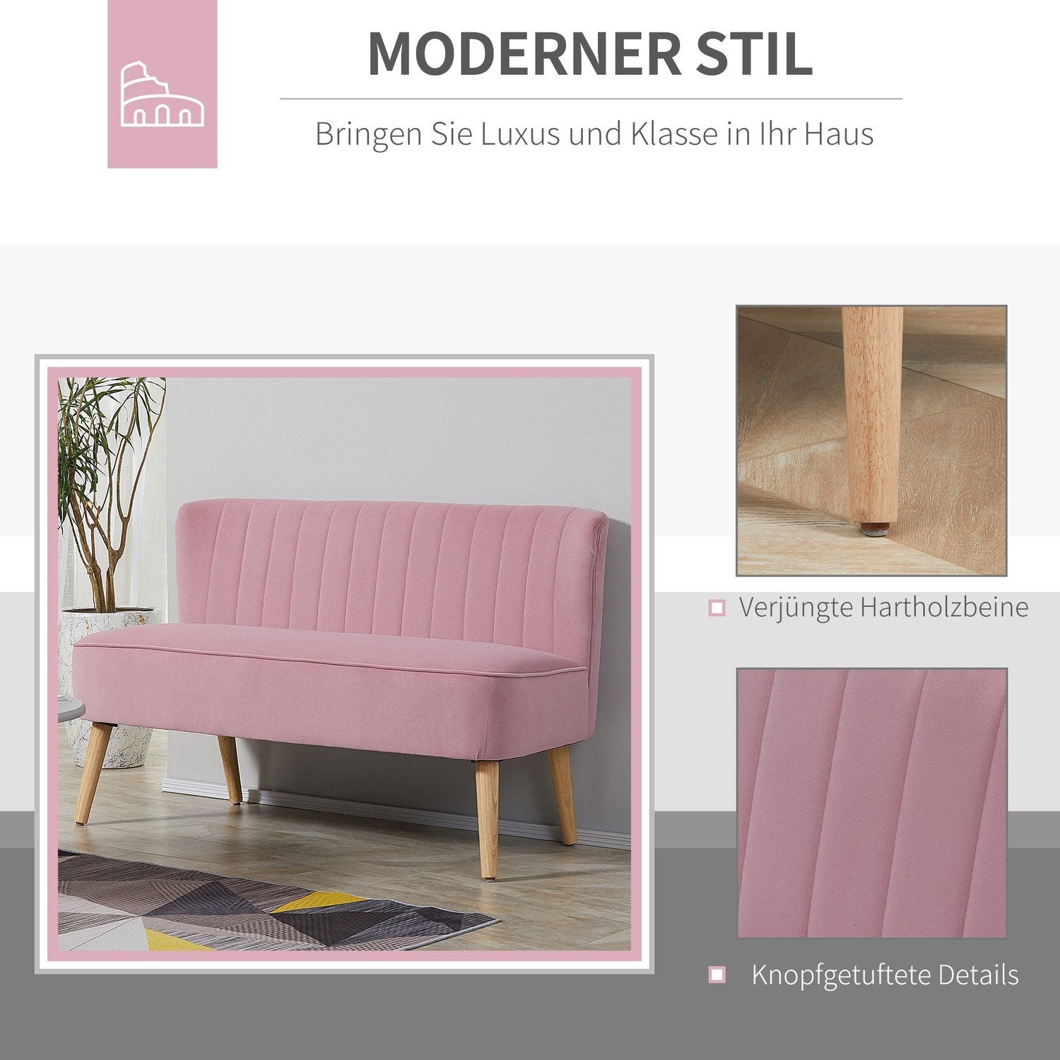 2-Sits Tygsoffa, Stoppad Soffa, Dubbelsoffa, Sittmöbler, Loungesoffa, Trä, Skum, Sammetsliknande Polyester, Rosa, 117 X 56,5 X 77 Cm