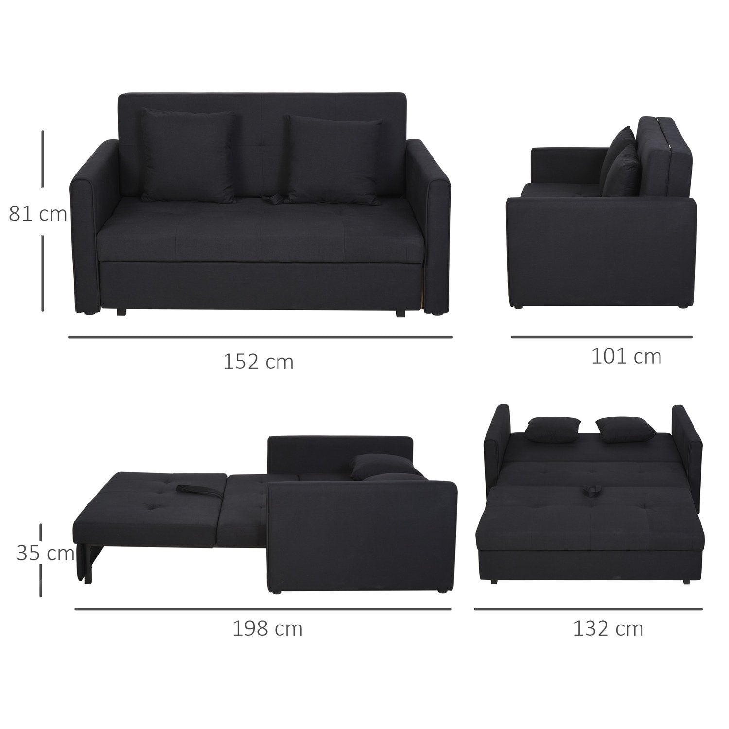 2-seters sovesofa med sengefunksjon og oppbevaringsplass, ryggpute, polycotton, tre, koksgrå, 152X101X81Cm