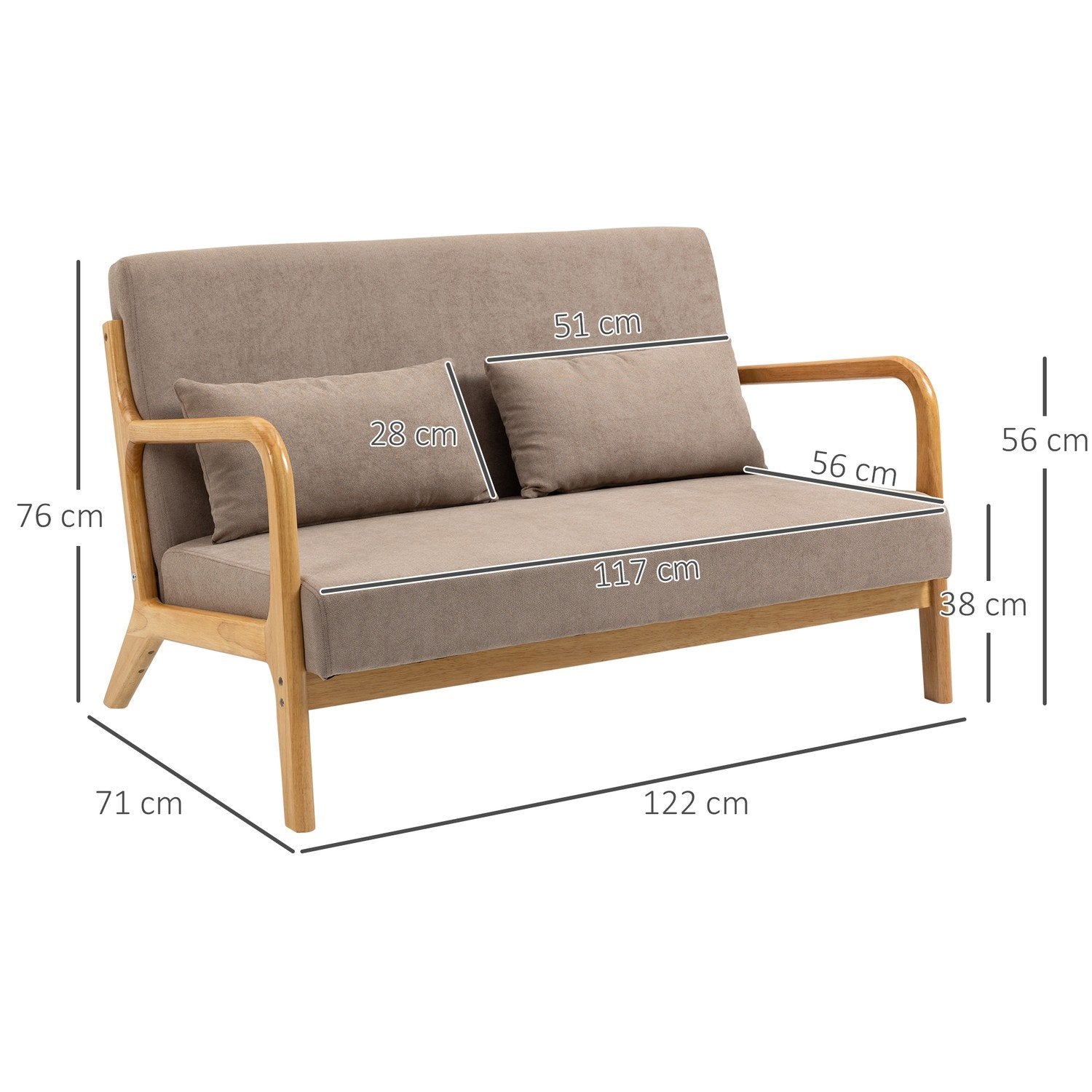 2-seters sofa Loveseat 2-seter med puter og fløyelslook Gummitre, lys grå, 122 X 71 X 76 cm