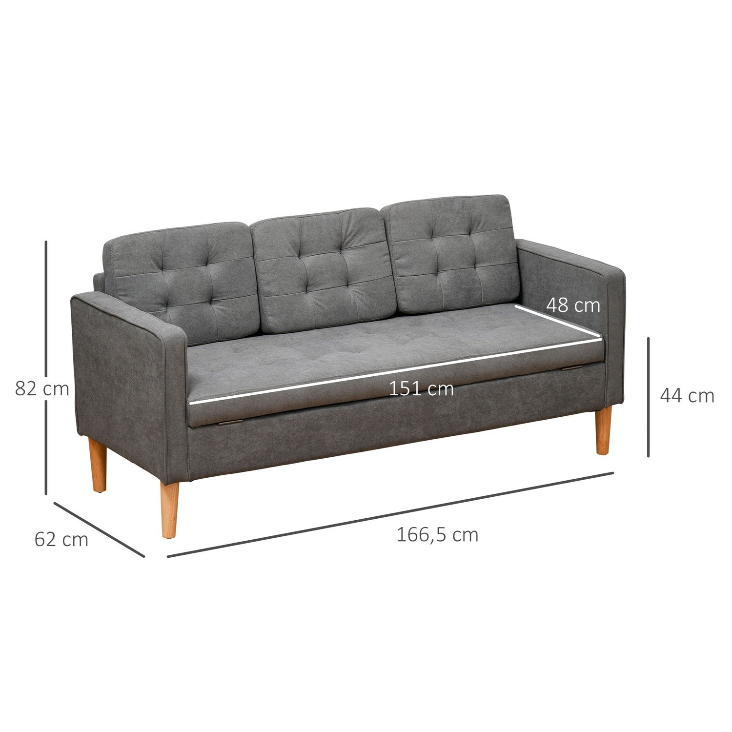 3-Sits Soffa Tyg Soffa Dubbel Soffa Avtagbar Med Kuddar Gummiträ Bomull Grå 166,5 X 62 X 82 Cm