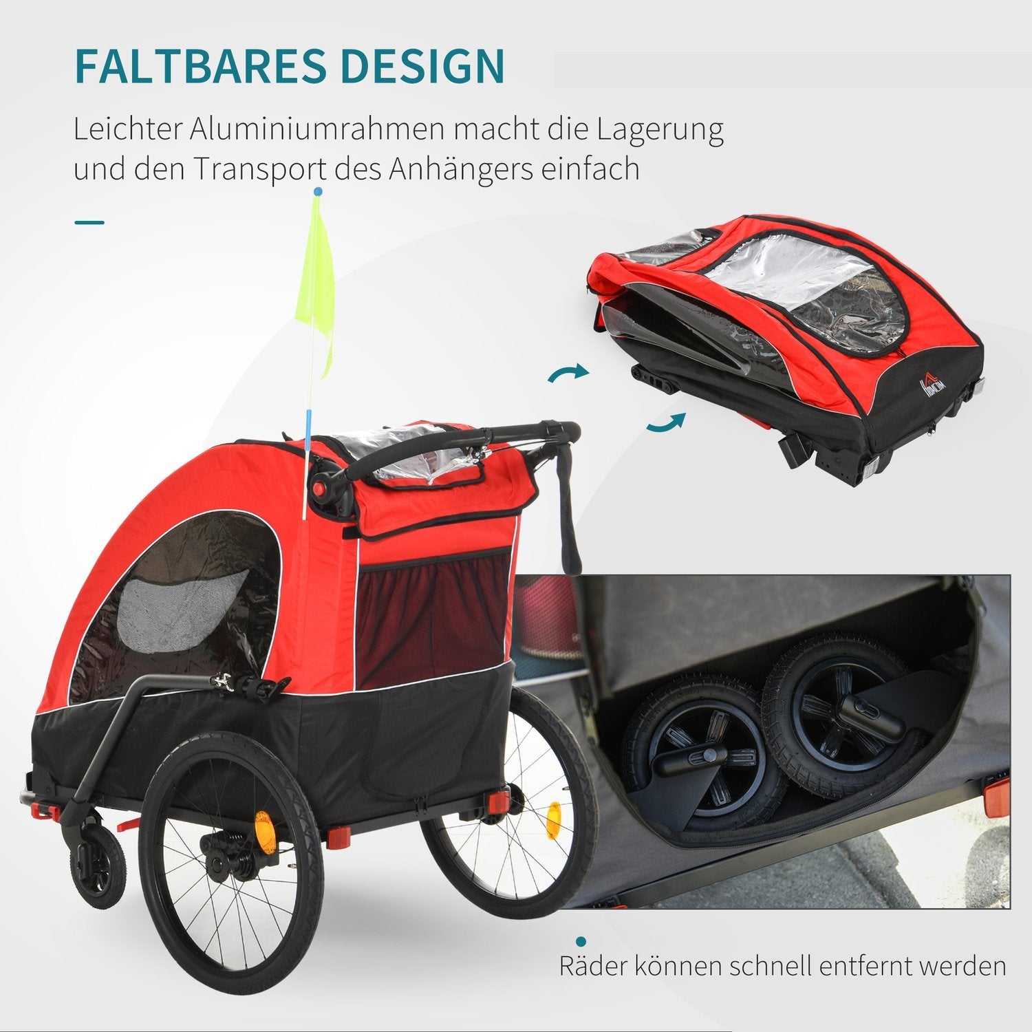 3 I 1 Barnevogn Jogger Sykkelvogn I Aluminium For 2 Barn Med Flagg Rød + Svart 150 X 85 X 107 Cm