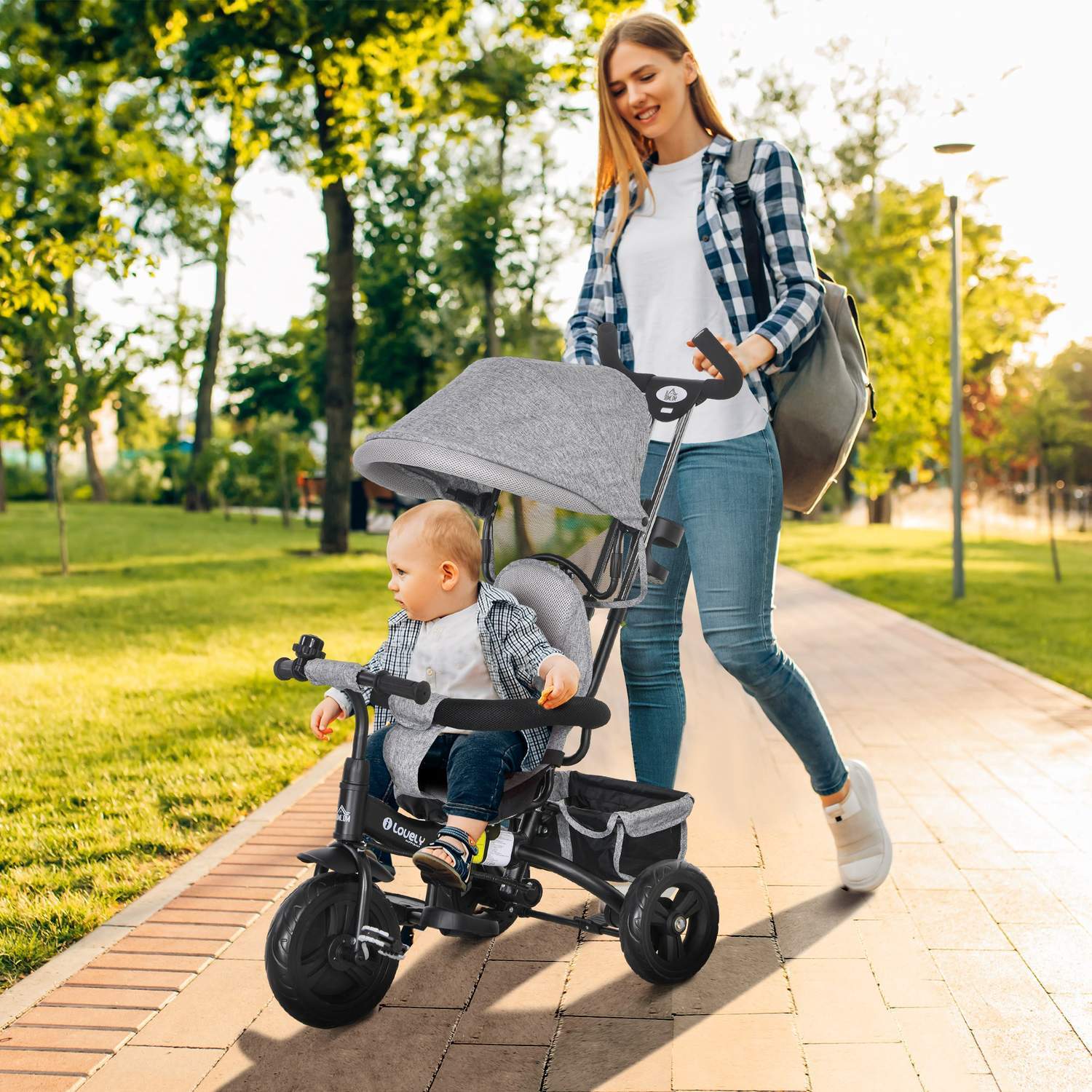 6-i-1 Tricycle Push Bar Trehjulssykkel For barn Avtakbart soltak 5-punkts beltekurv Koppholder 1-5 år Grå