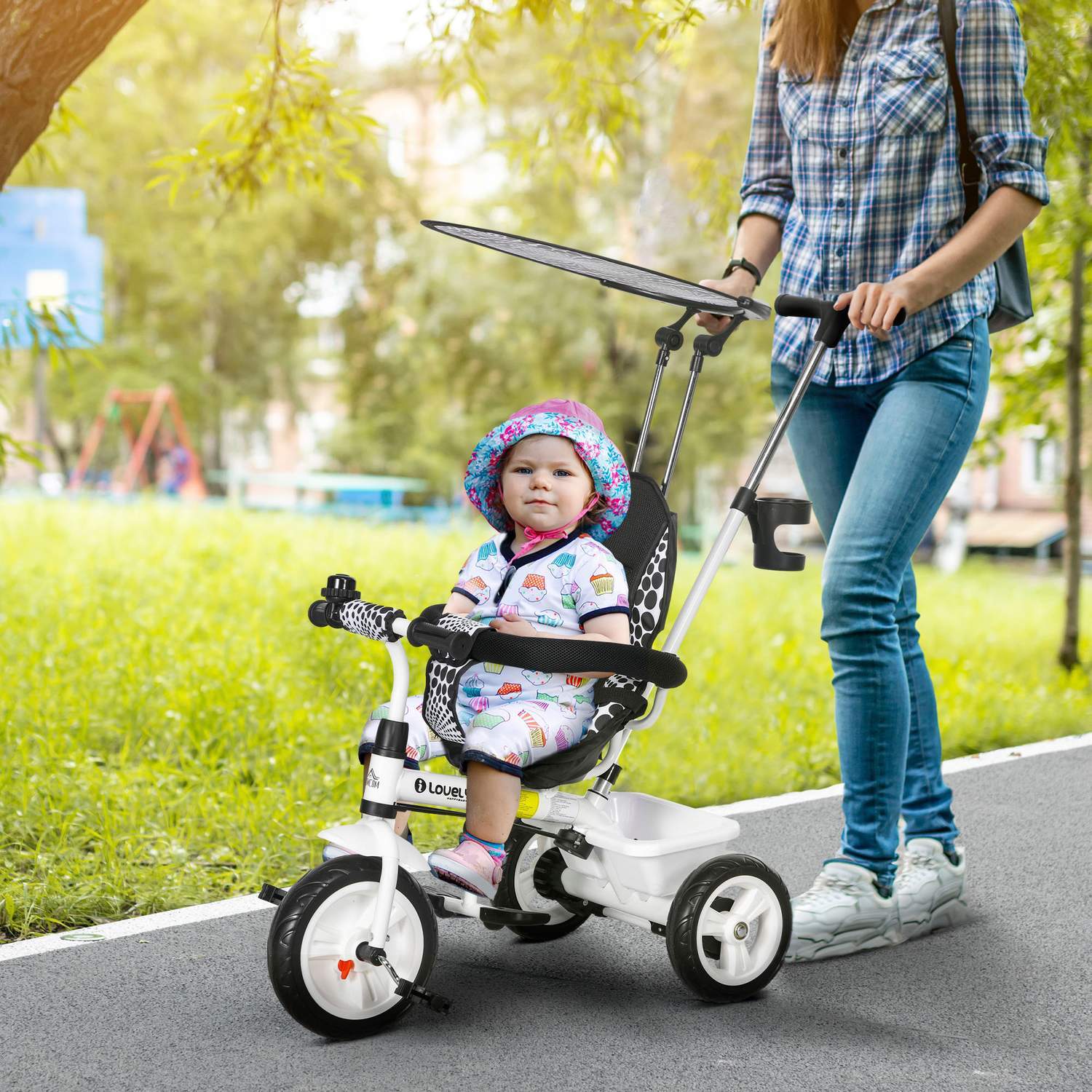 6-i-1 Tricycle Push Bar Trehjulssykkel for barn Avtakbar solskjerm Justerbar balanse Sykkelkoppholderkurv 1-5 år Hvit