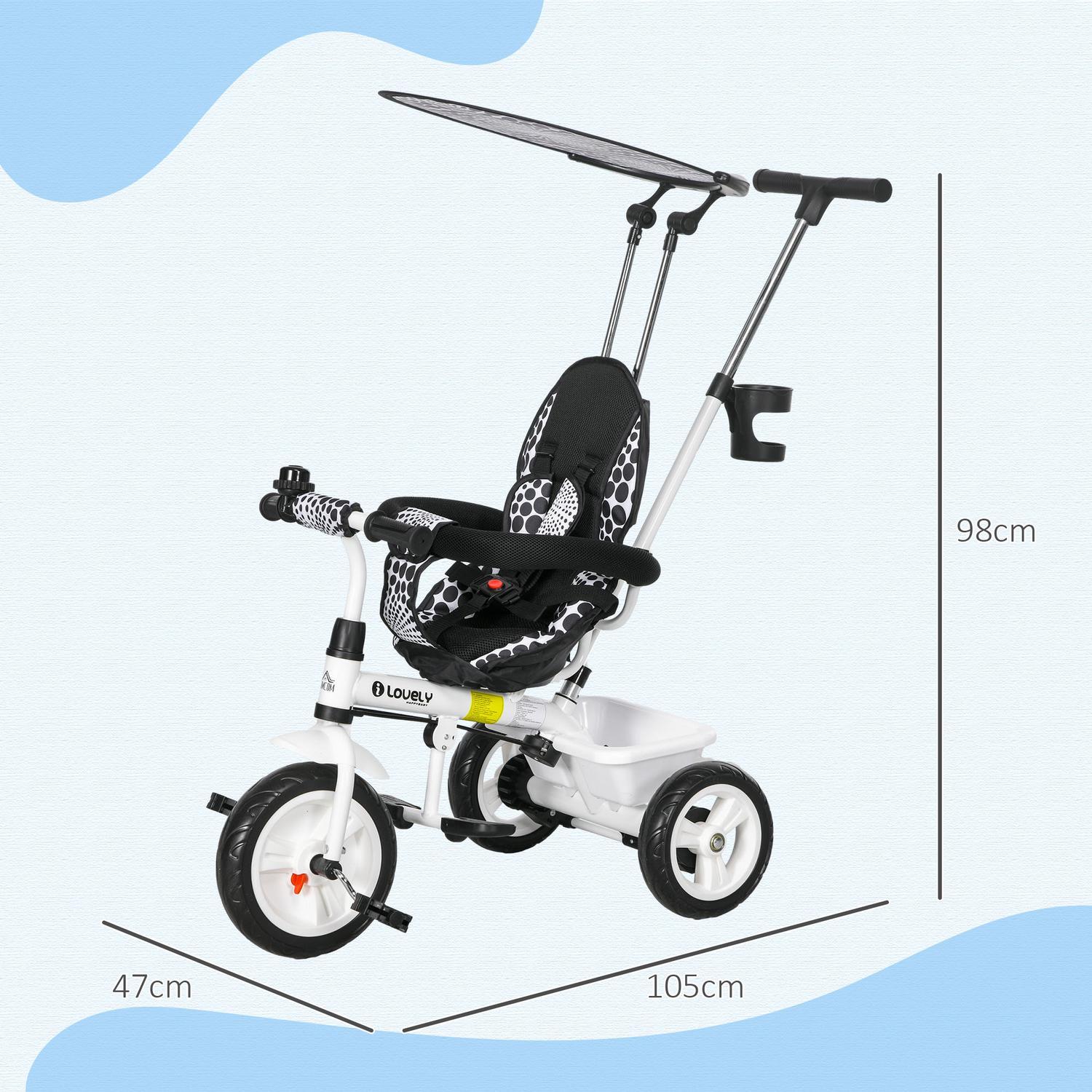 6-i-1 Tricycle Push Bar Trehjulssykkel for barn Avtakbar solskjerm Justerbar balanse Sykkelkoppholderkurv 1-5 år Hvit