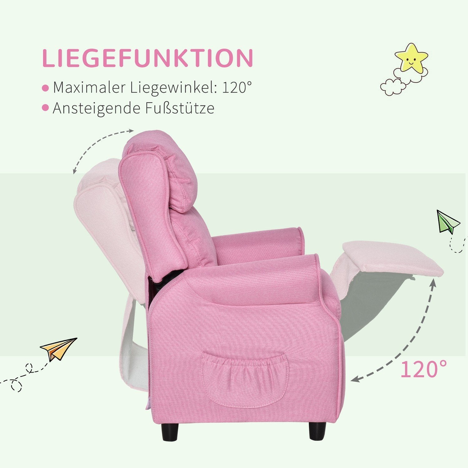 Justerbar barnesofa med fotstøtte, komfortabel barnestol for 3-5 år, rosa, 58X53X70cm, perfekt for gutter og jenter