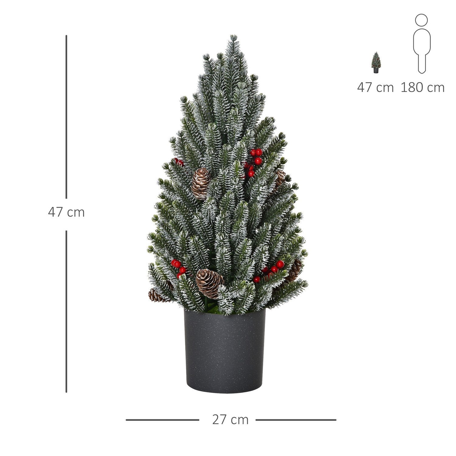 Kunstig juletrebord juletre 170 grener Snødekket design med plastbunn bær kjegler Pe Pvc Ø27 ​​​​X 47 Cm