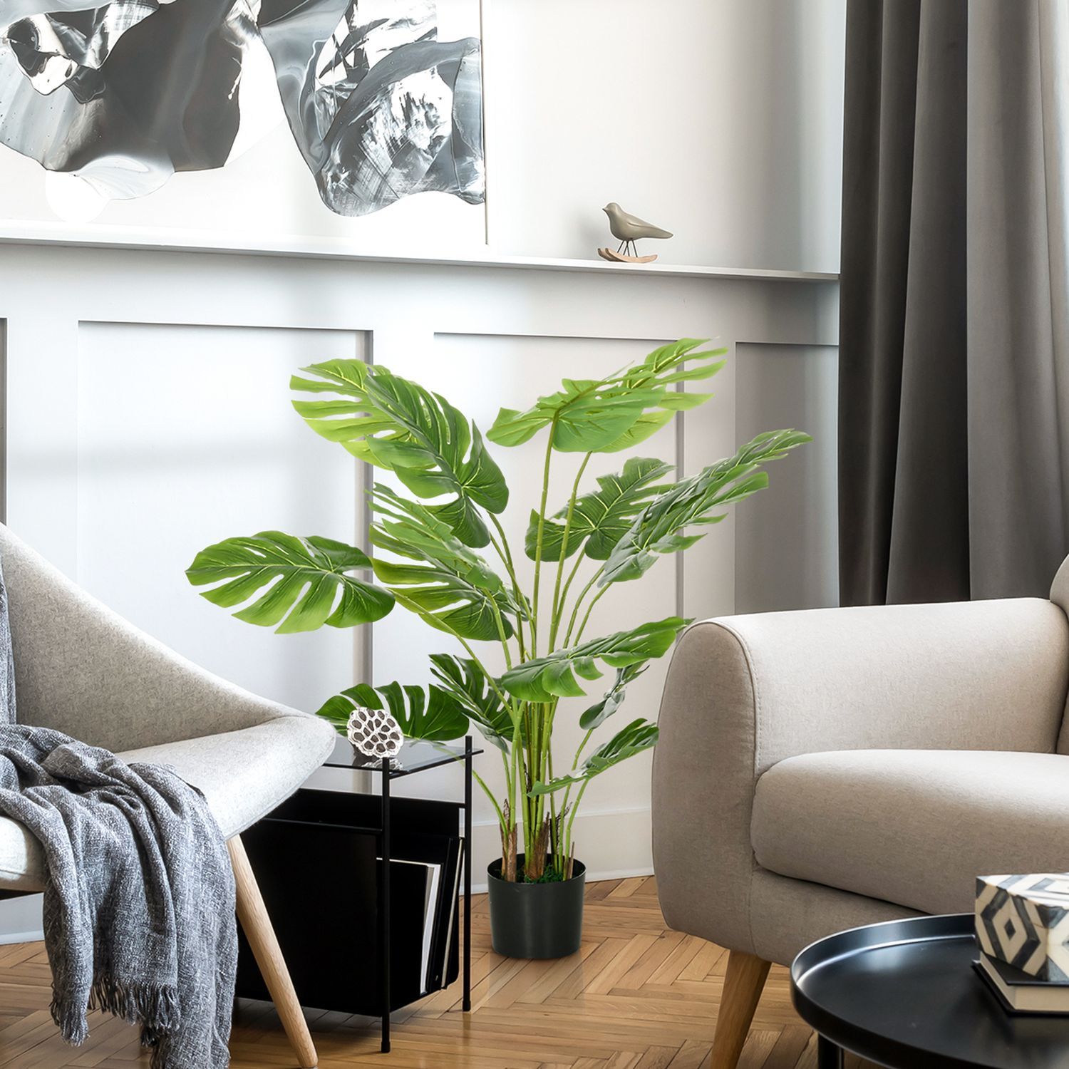 Kunstig Monstera 120 cm kunstig plante med planting og pe-mose, bedragerisk ekte, til stuen, grønn