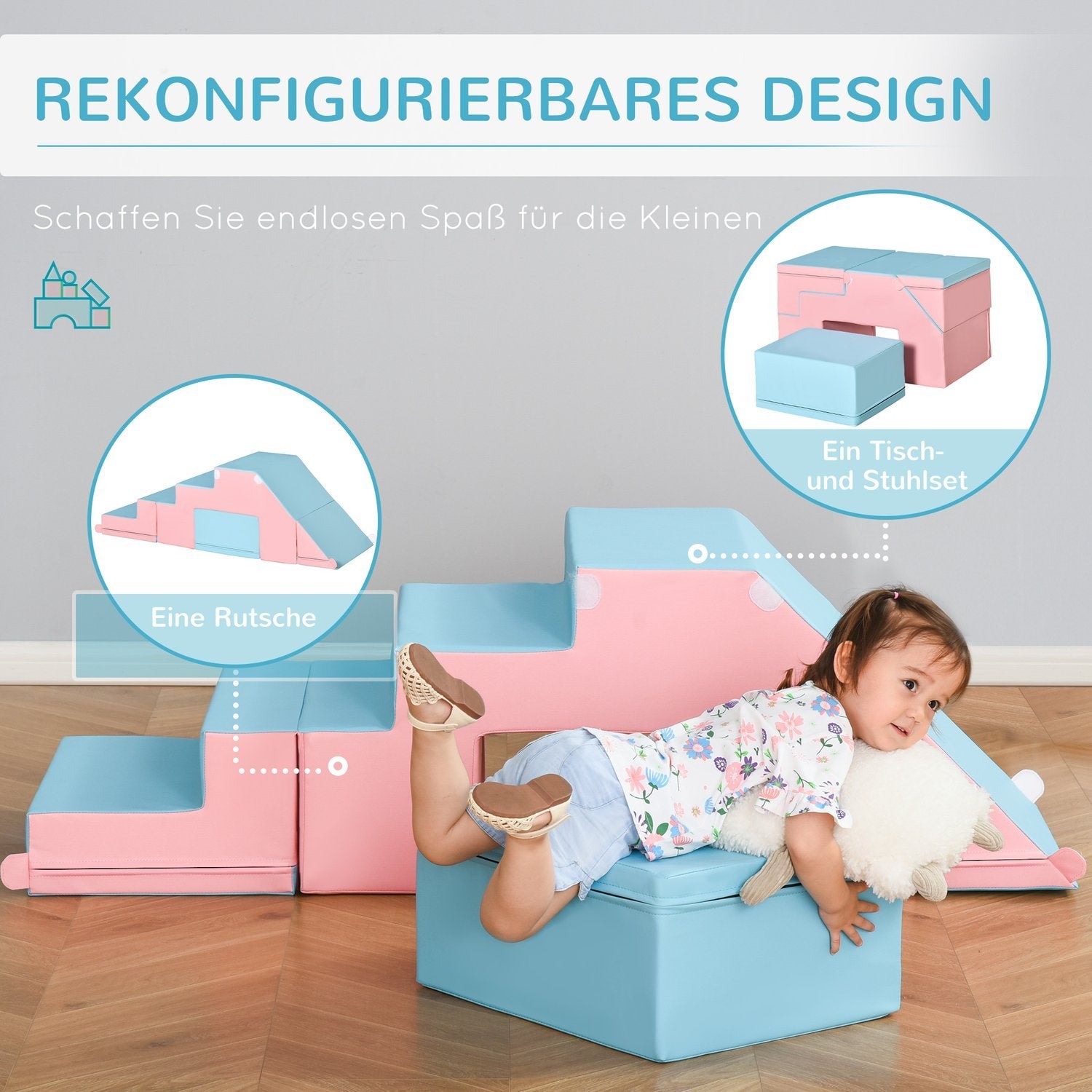 Byggeklosssett med 2 byggeklosser Bord og stolsett Slide Rekonfigurerbart design Byggeleke Skumblokker 12-36 måneder Epe Rosa + Blå