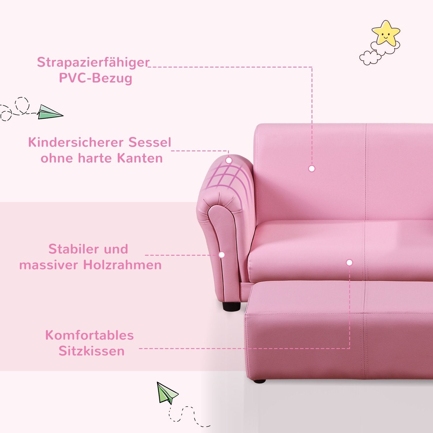 Lenestol for barn med fotskammel Rosa barnesofa og krakk, komfortabel sofa Lenestol, 83X42X41Cm