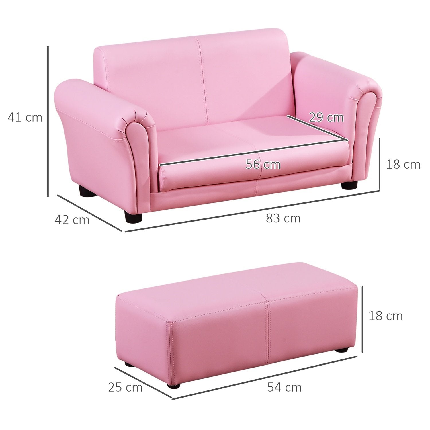 Lenestol for barn med fotskammel Rosa barnesofa og krakk, komfortabel sofa Lenestol, 83X42X41Cm