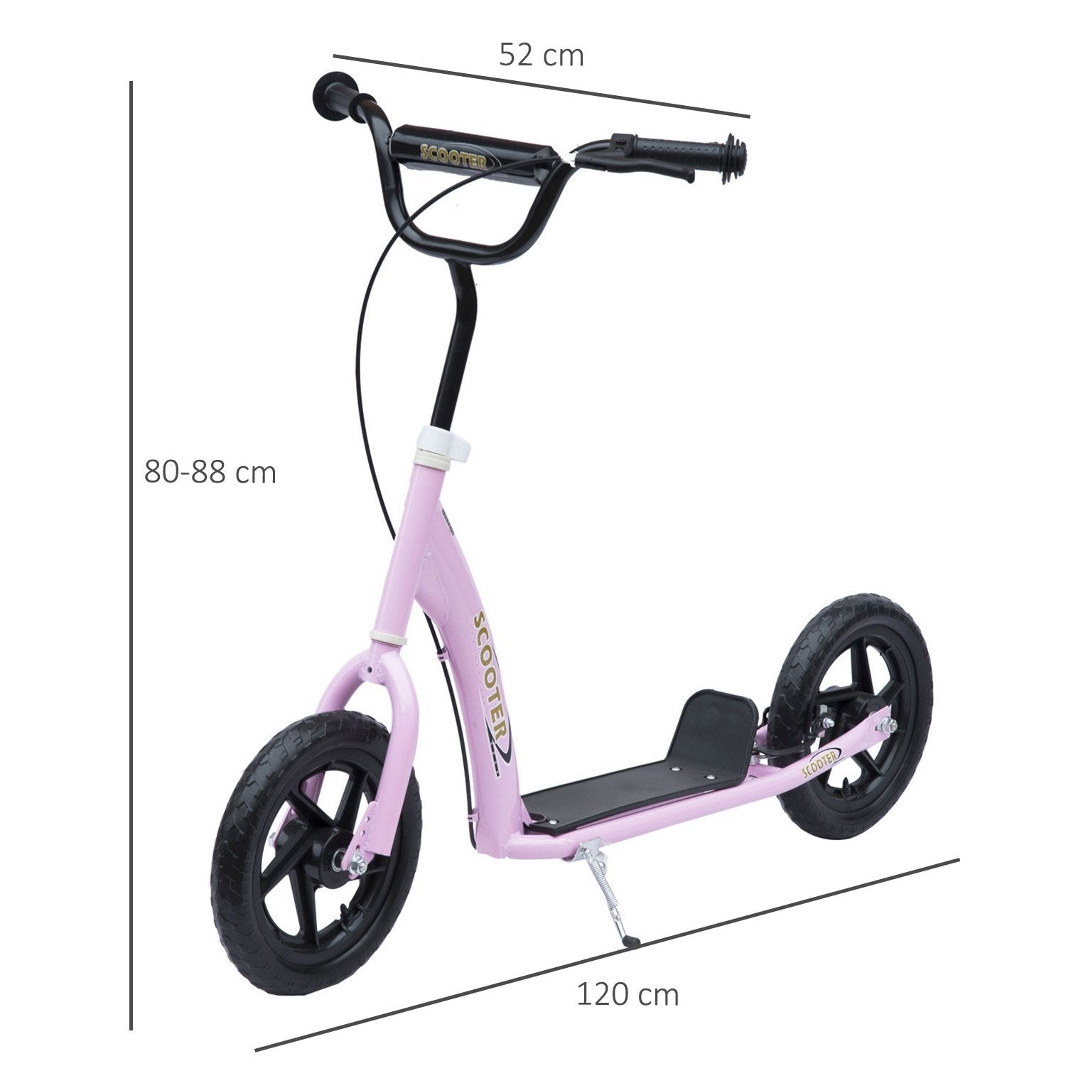 Barnescooter 12 tommer med bakbrems, høydejusterbar scooter i rosa, stål og Eva, for barn