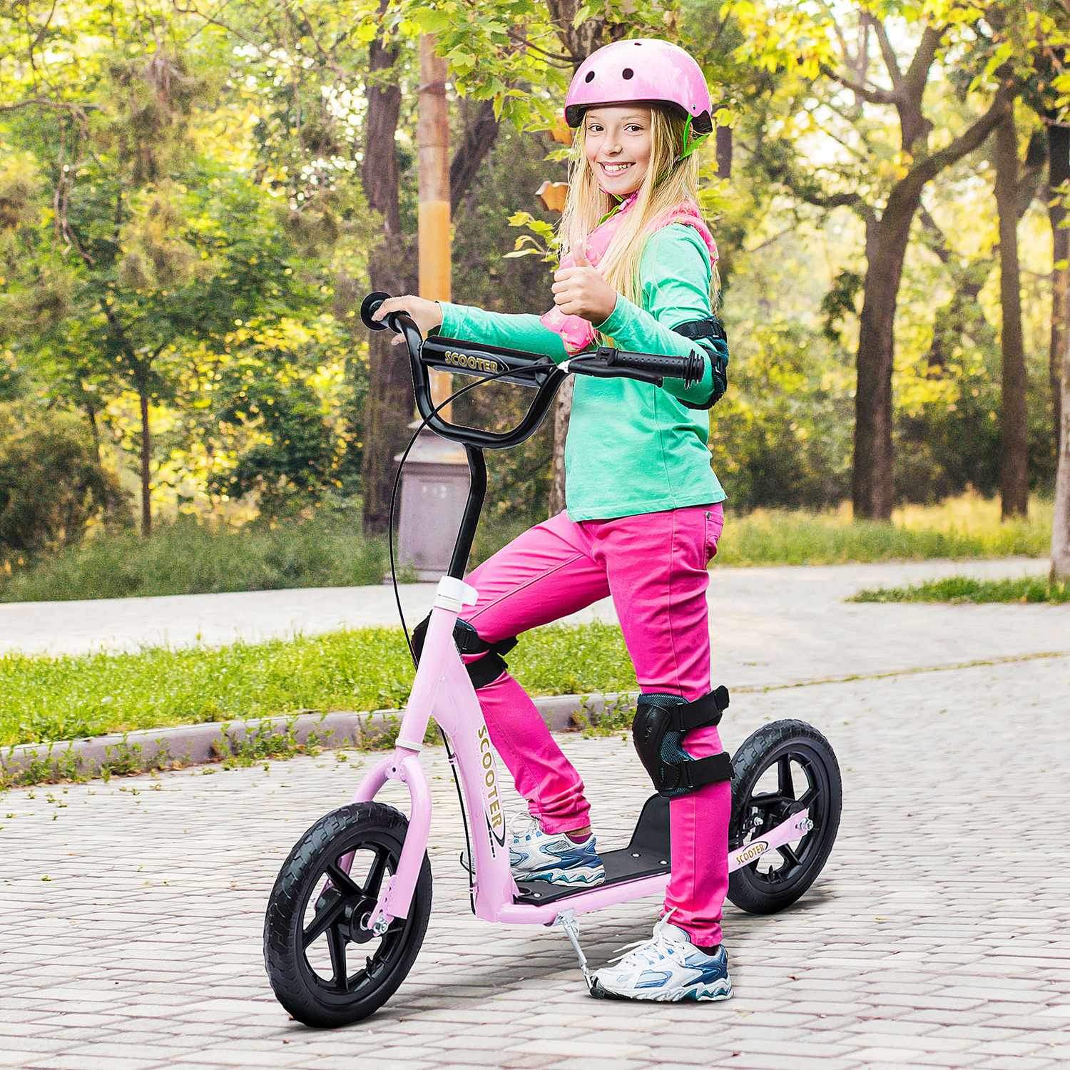 Barnescooter 12 tommer med bakbrems, høydejusterbar scooter i rosa, stål og Eva, for barn