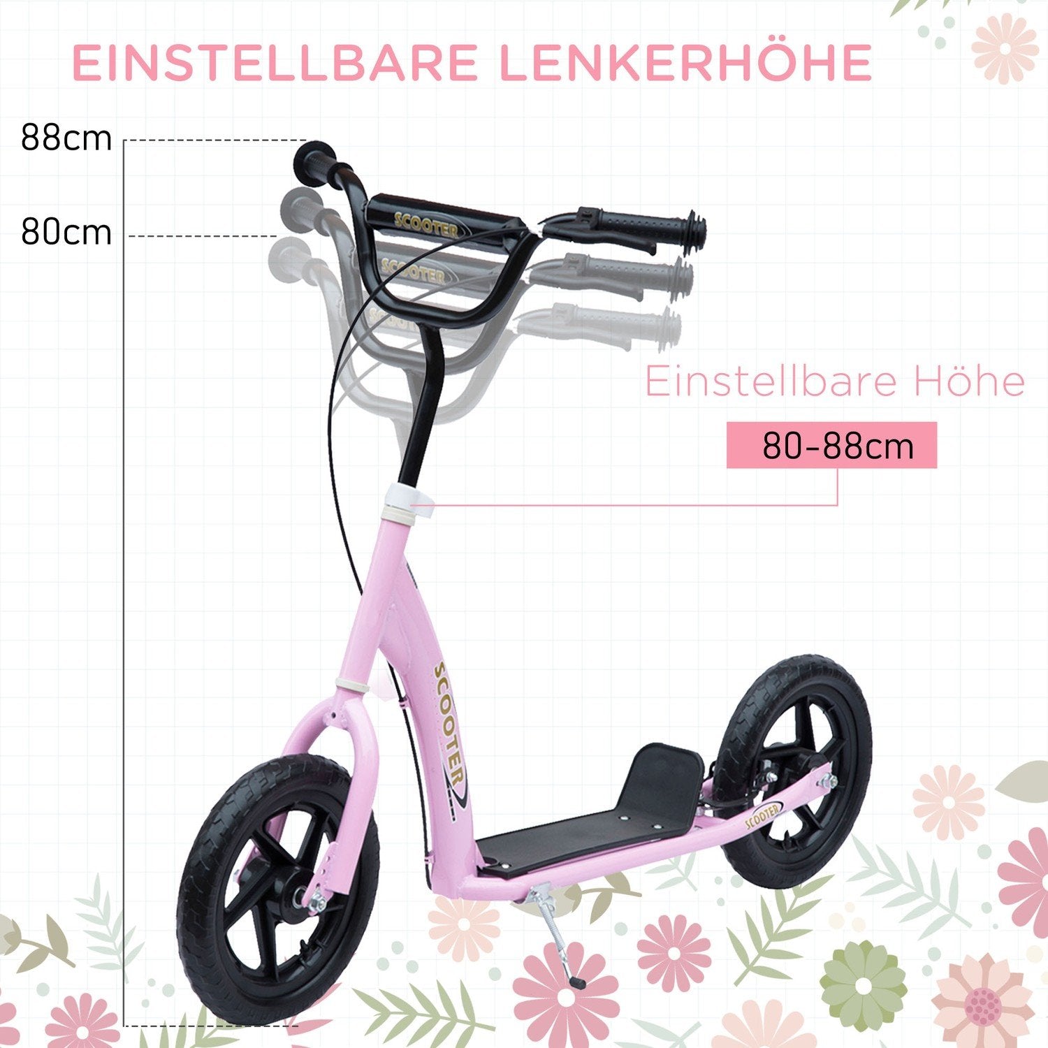 Barnescooter 12 tommer med bakbrems, høydejusterbar scooter i rosa, stål og Eva, for barn