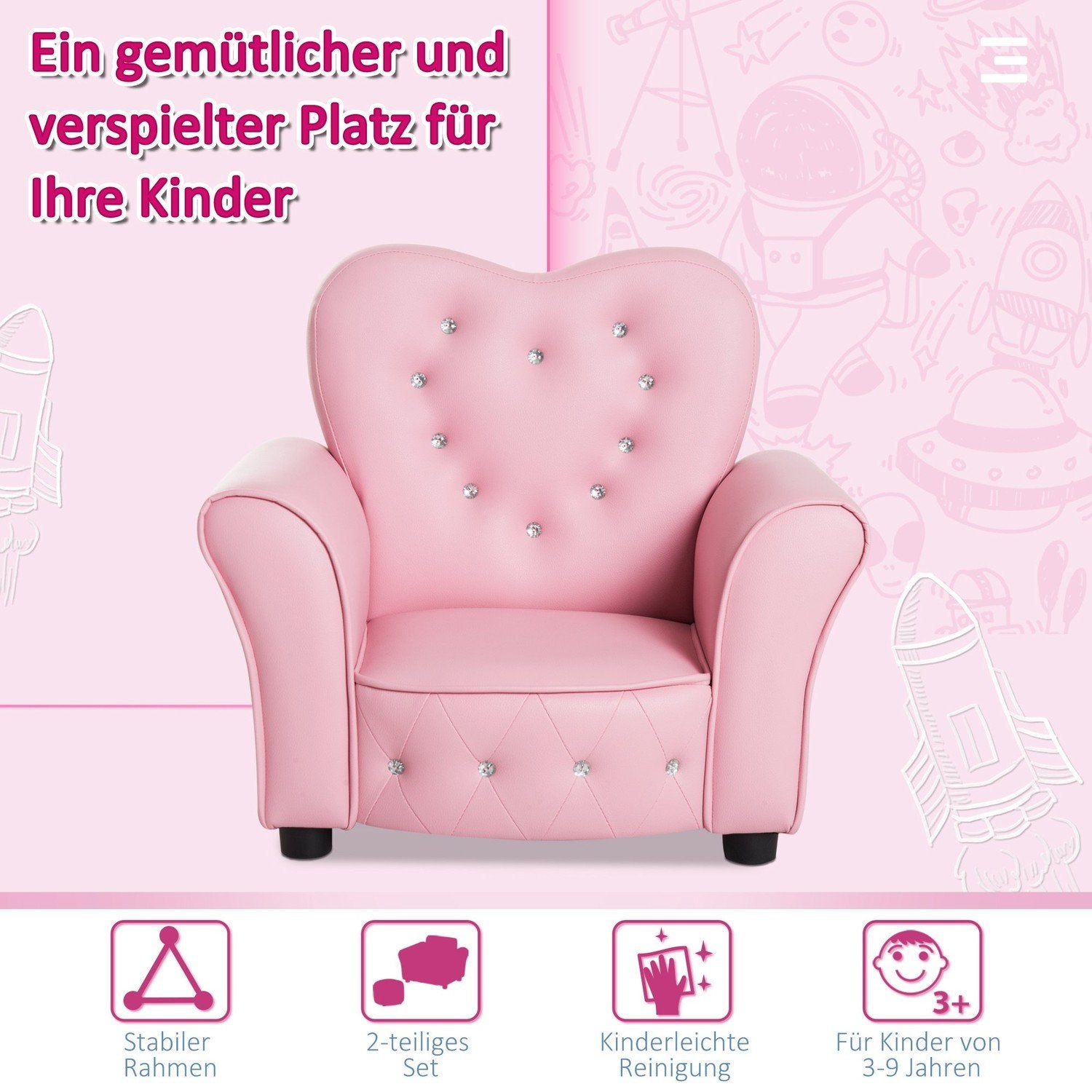 Barnesofa Prinsesse hjerteformet barnestol i rosa, koselig barnesofa, L59Xb41.5Xh49Cm