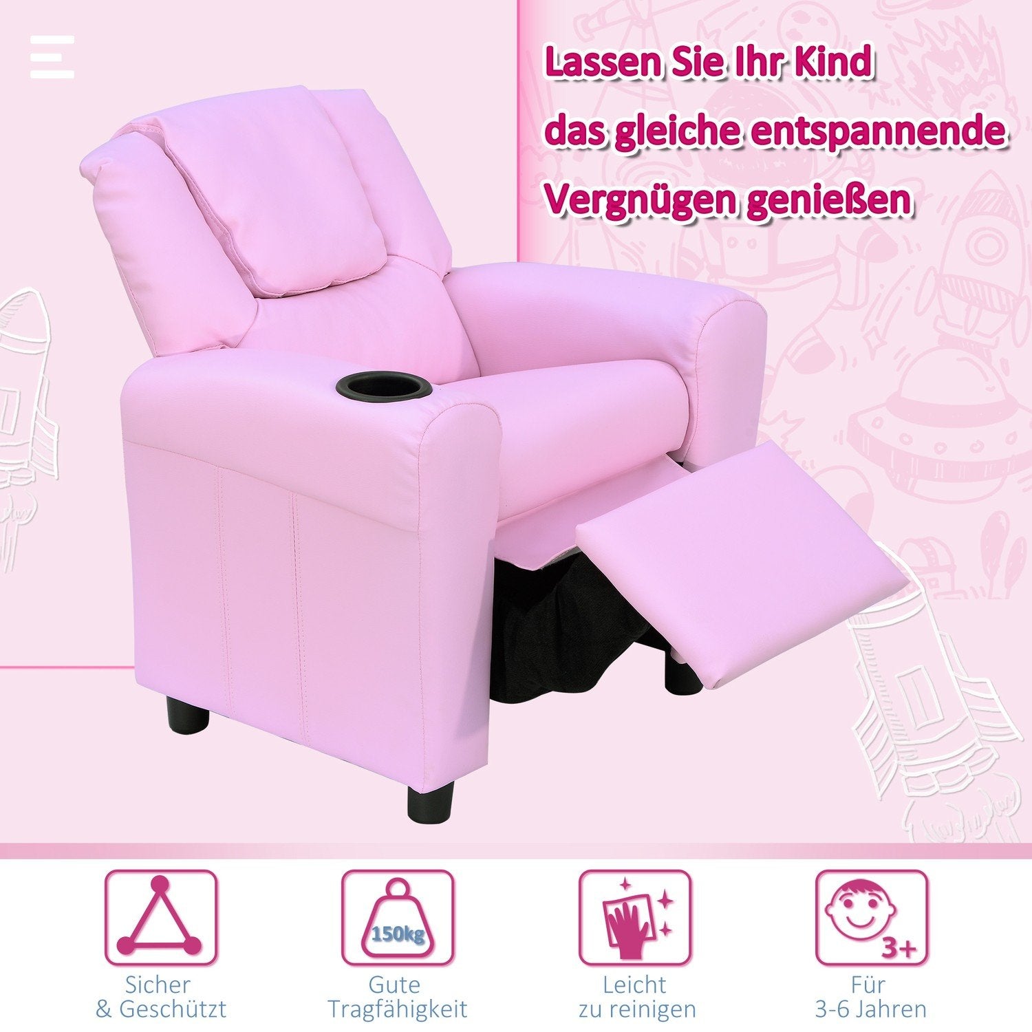 Barnesofa Liggefunksjon Barnestol 3-6 år Rosa koppholder 62X56X69Cm