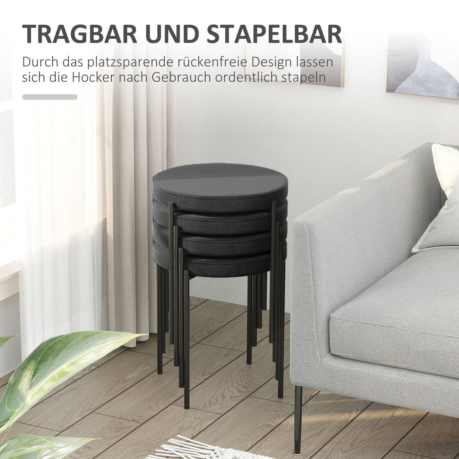 Matsalspallar Set Med 4 Stapelbara Diskpallar Med Vadderad Sits, Sammetsöverdrag, Svart, 41,5X41,5X46Cm