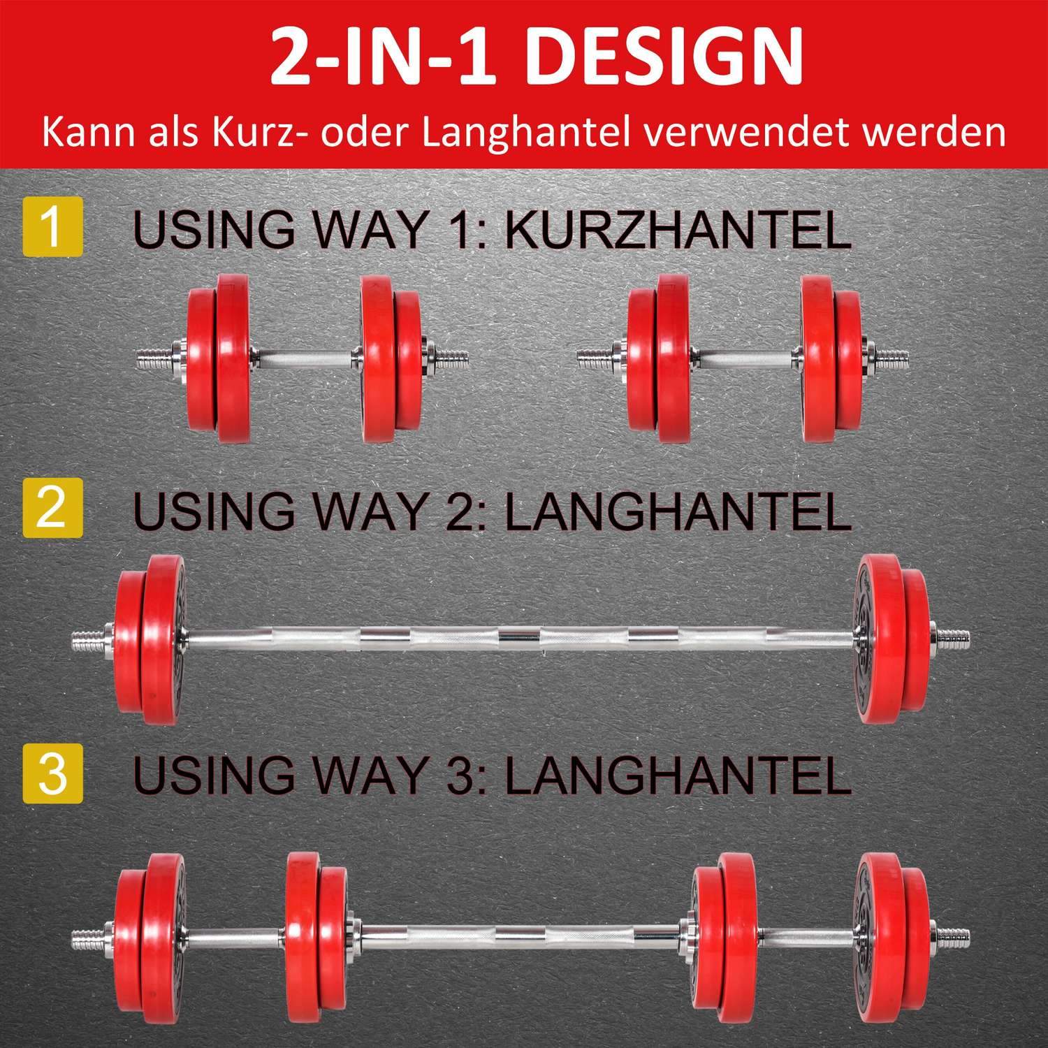 Hantlar Set 20Kgs 2-In-1 Hantlar & Skivstänger, Justerbar, Röd+Svart, 21,5X21,5X3,8Cm, För Hemmaträning Och Muskelträning