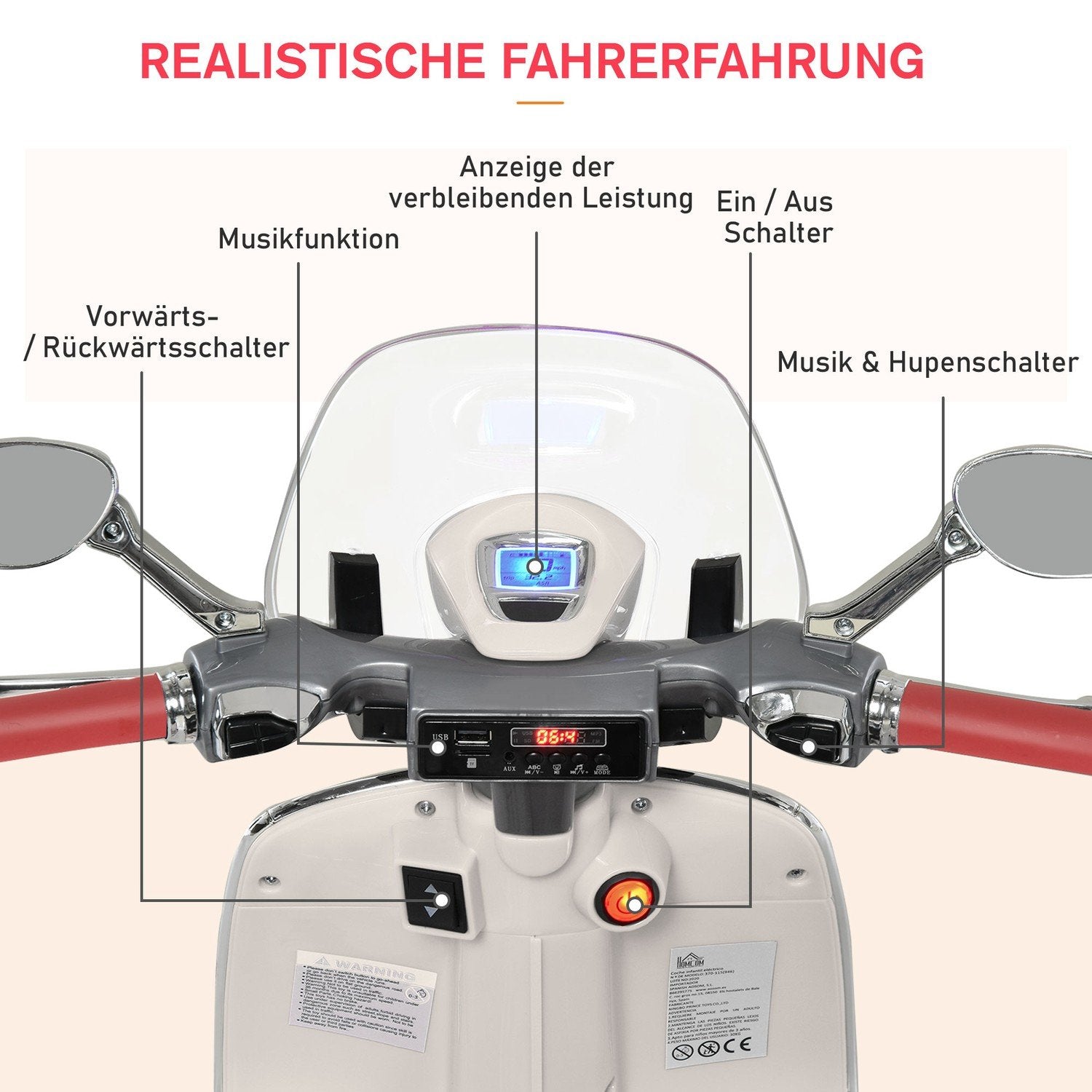 Elektrisk barnekjøretøy Motorsykkel Mp3 Musikkbelysning 3-6 år Pp Hvit 108X49X75Cm