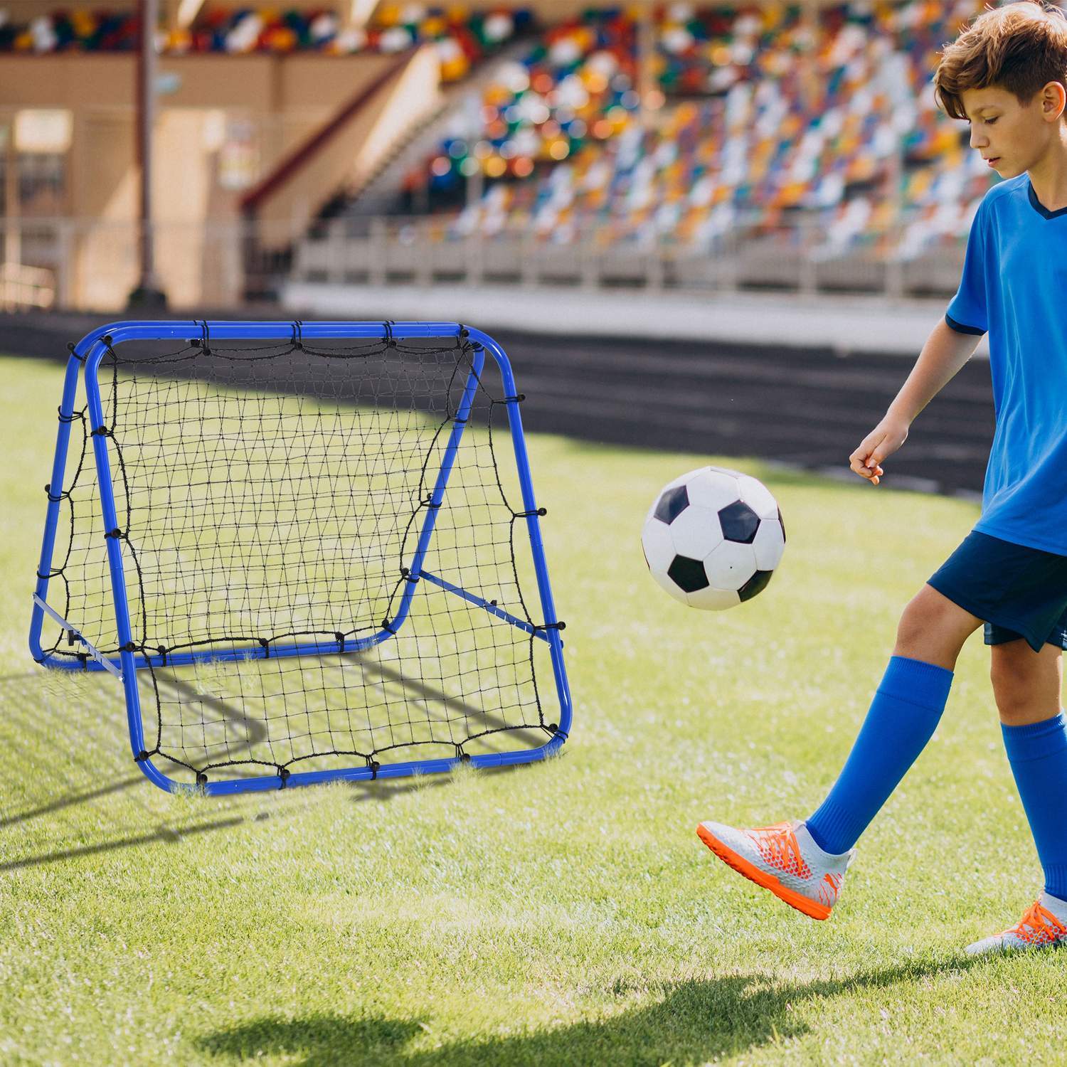 Football Rebounder Kickback Goal Rebound Veggnett Dobbeltsidig Rebound Justerbar i 5 nivåer Stålblå 100 X 95 X 90 Cm