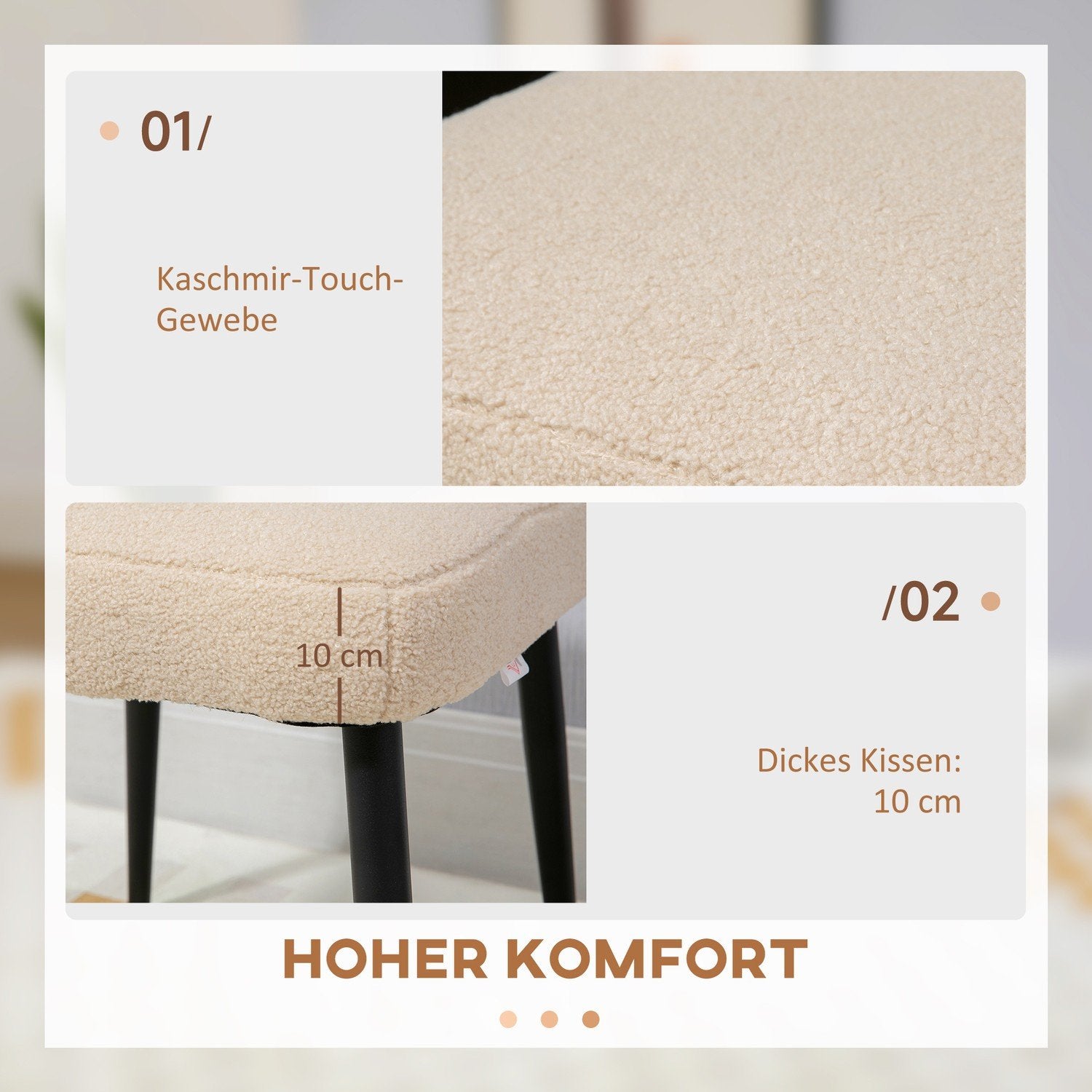 Fotskammel Square Cashmere Look Dressing krakk med stålben til stue/soverom, beige, 42X42X47Cm