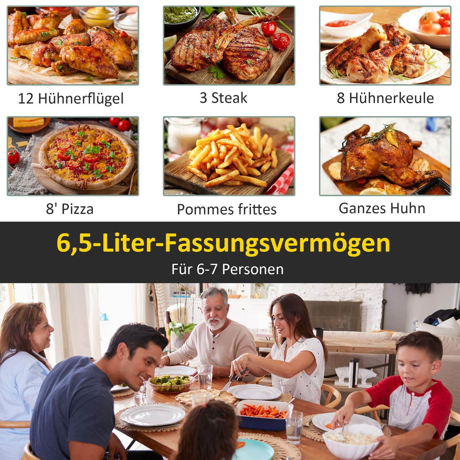 Varmluftfrityrkoker 6,5L 1700W med 8 menyer LED-skjerm, non-stick beleggkurv for sunn matlaging uten olje Svart 36,5 X 29 X 33,8 cm