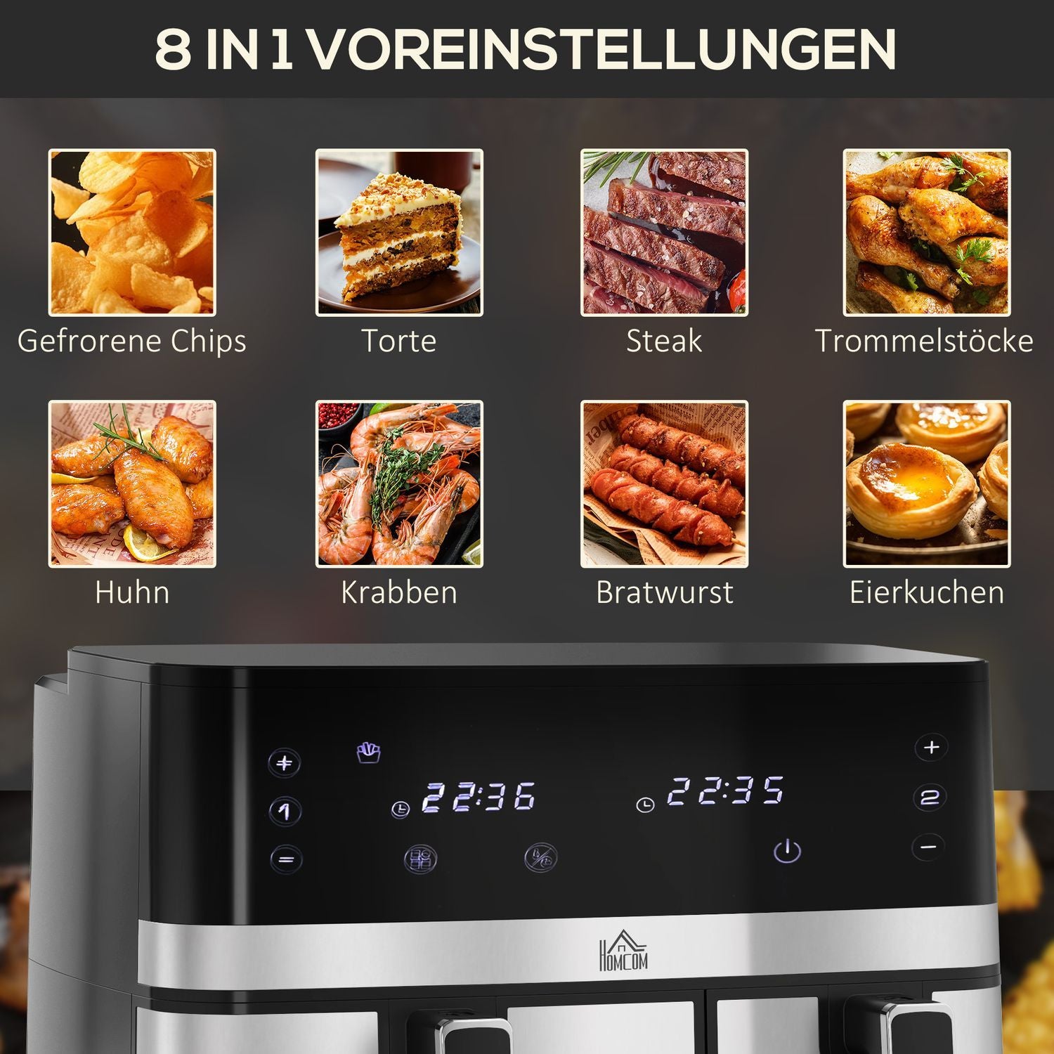 Hot Air Fryer 8,5L Dobbeltkammer 8In1 Oppskrift Airfryer Non-Stick Coating Touchscreen Smart Timer Uten Olje Svart