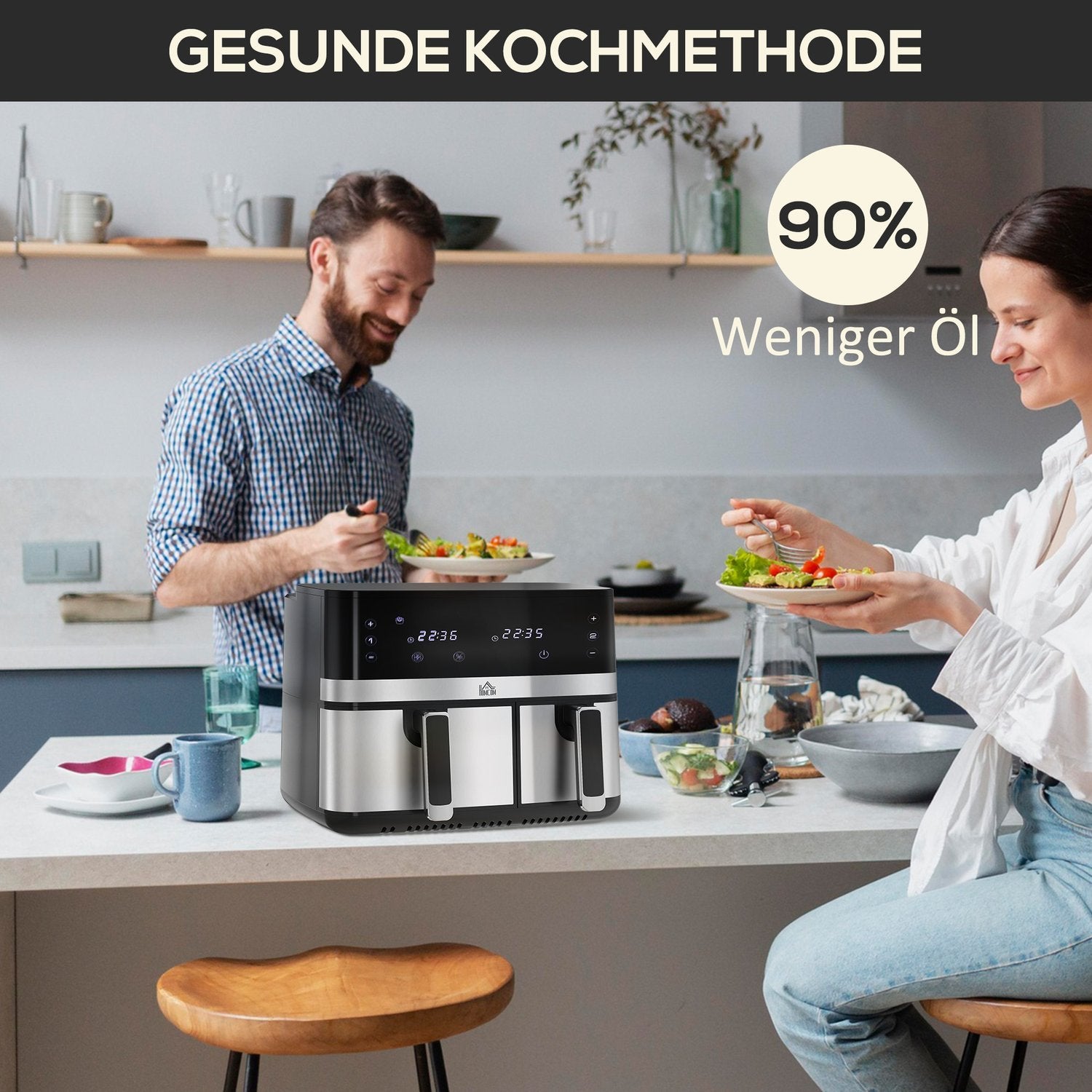 Hot Air Fryer 8,5L Dobbeltkammer 8In1 Oppskrift Airfryer Non-Stick Coating Touchscreen Smart Timer Uten Olje Svart