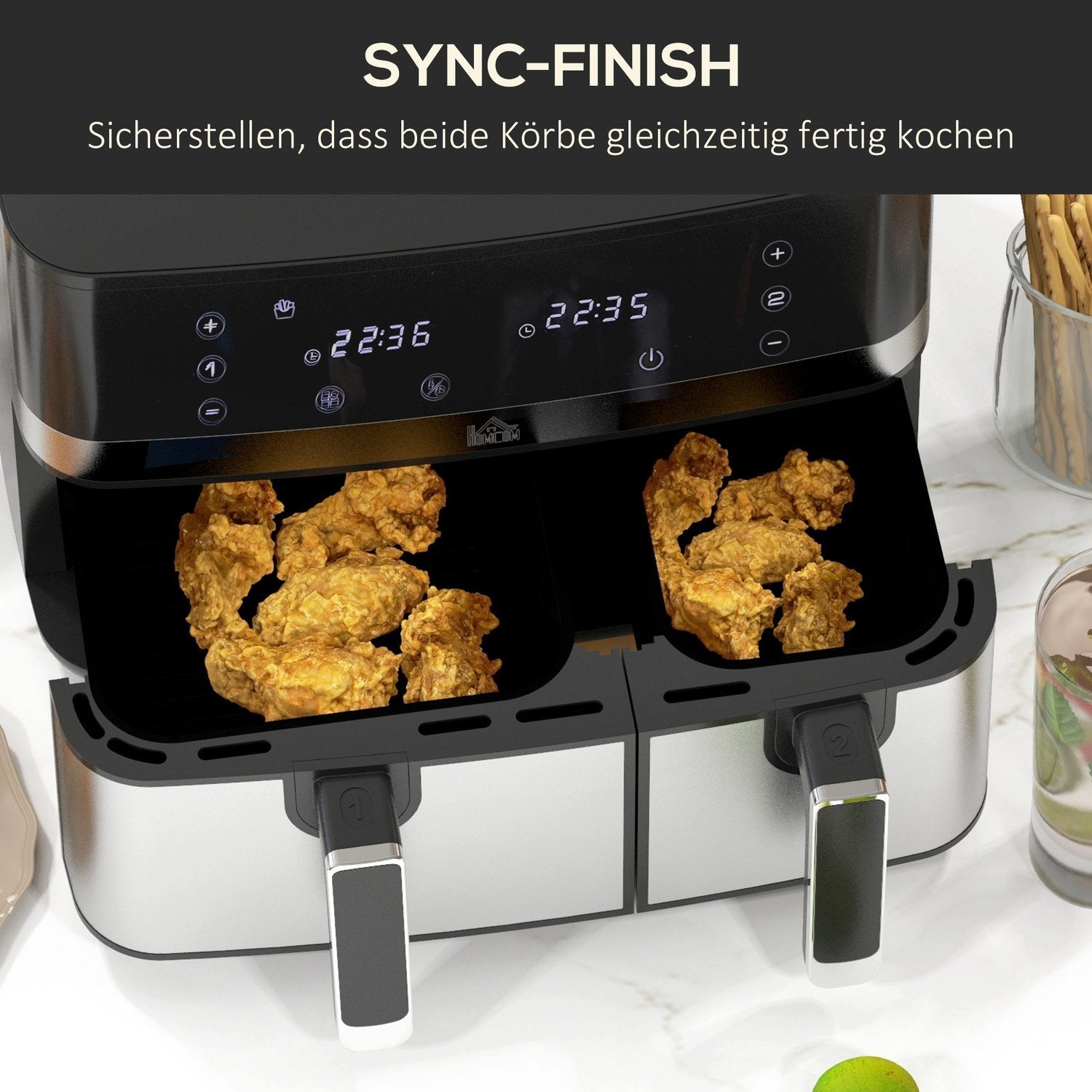 Hot Air Fryer 8,5L Dobbeltkammer 8In1 Oppskrift Airfryer Non-Stick Coating Touchscreen Smart Timer Uten Olje Svart