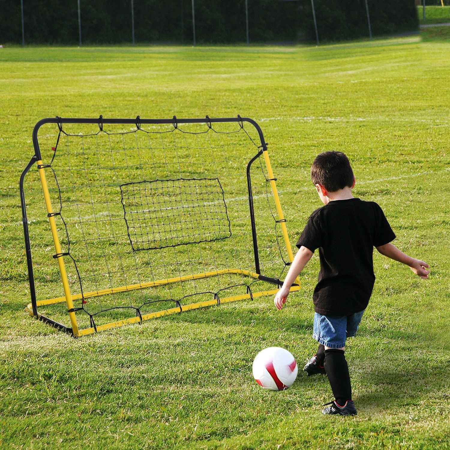 Kickback Football Rebounder Goal Rebound Veggnett for fotball, basketball, baseball, gul+svart, 184X63X123 cm