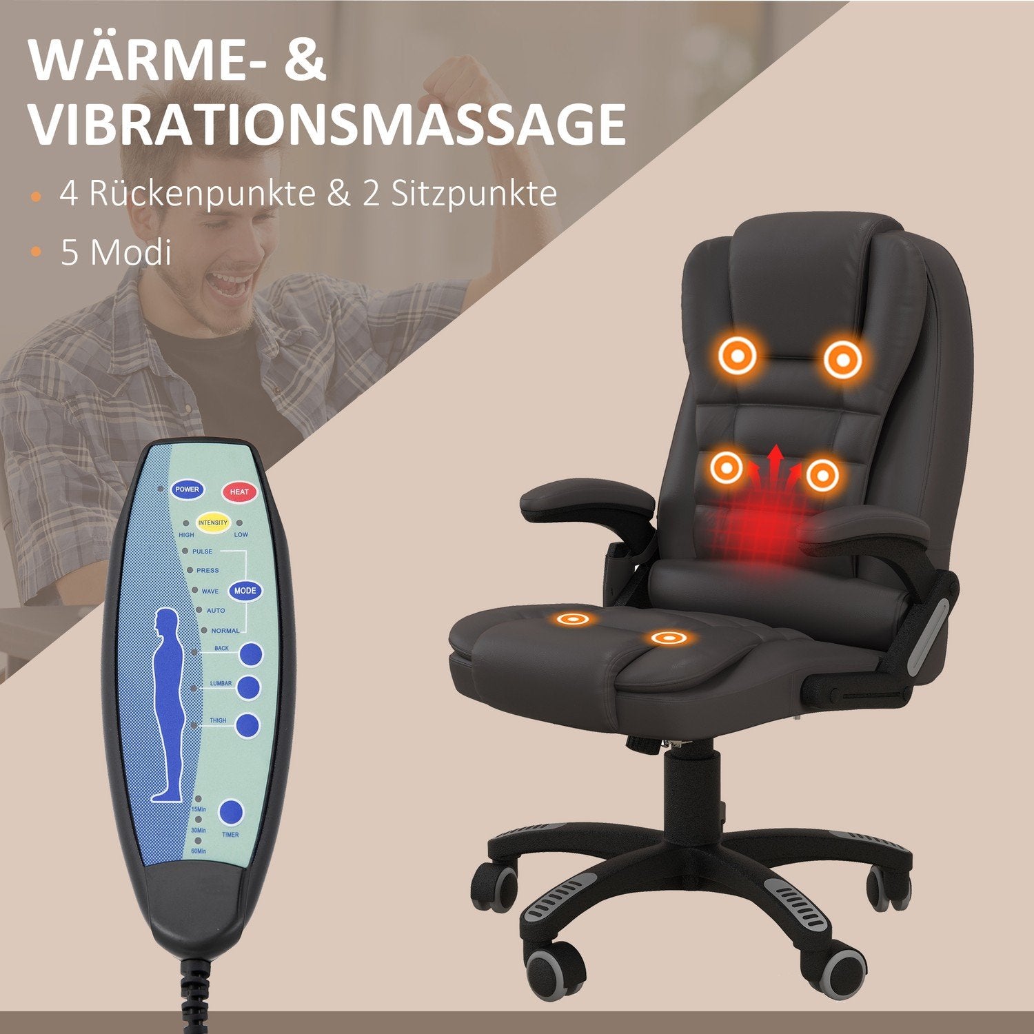 Massagestol Kontorsstol Kontorsstol Executive Chair Gaming Stol 6-Punkts Vibrationsmassage Med Värmefunktion Faux Leather Läderstol Roterbar (Brun)