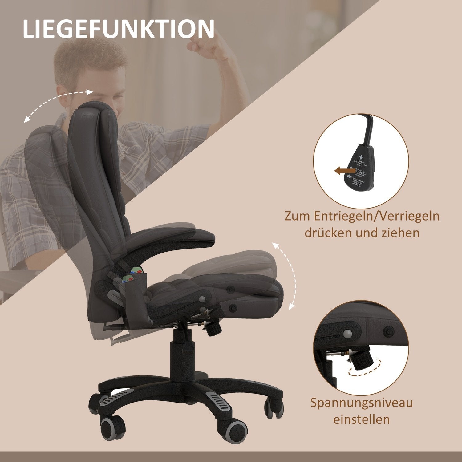 Massagestol Kontorsstol Kontorsstol Executive Chair Gaming Stol 6-Punkts Vibrationsmassage Med Värmefunktion Faux Leather Läderstol Roterbar (Brun)