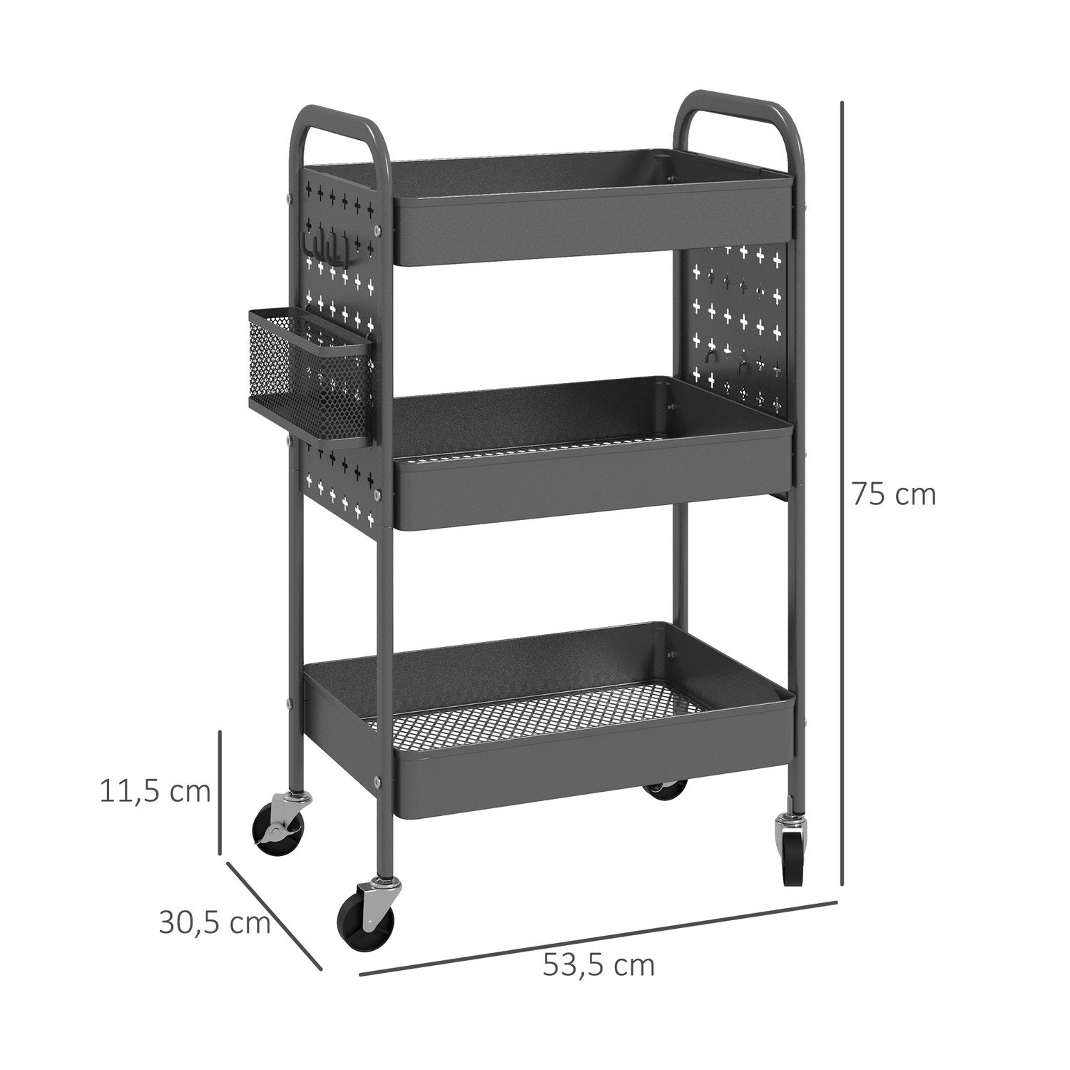 Rullevogn, 3-lags serveringsvogn, 2 hengende kurver, oppbevaringsvogn med håndtak, kjøkkenvogn, sidevogn, stål, mørkegrå