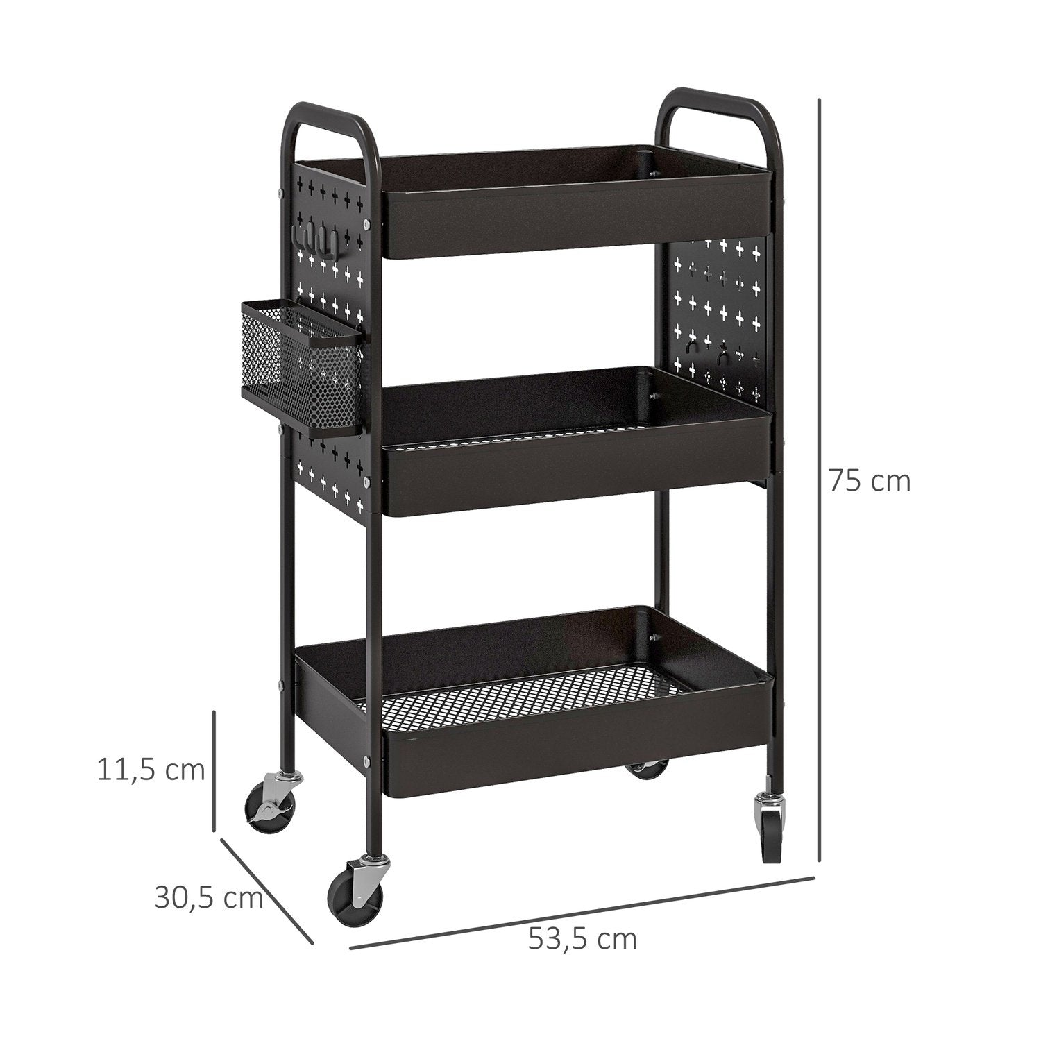 Rullevogn serveringsvogn med 3 lag og 2 hengende kurver, oppbevaringsvogn med håndtak, kjøkkenvogn, stål, svart