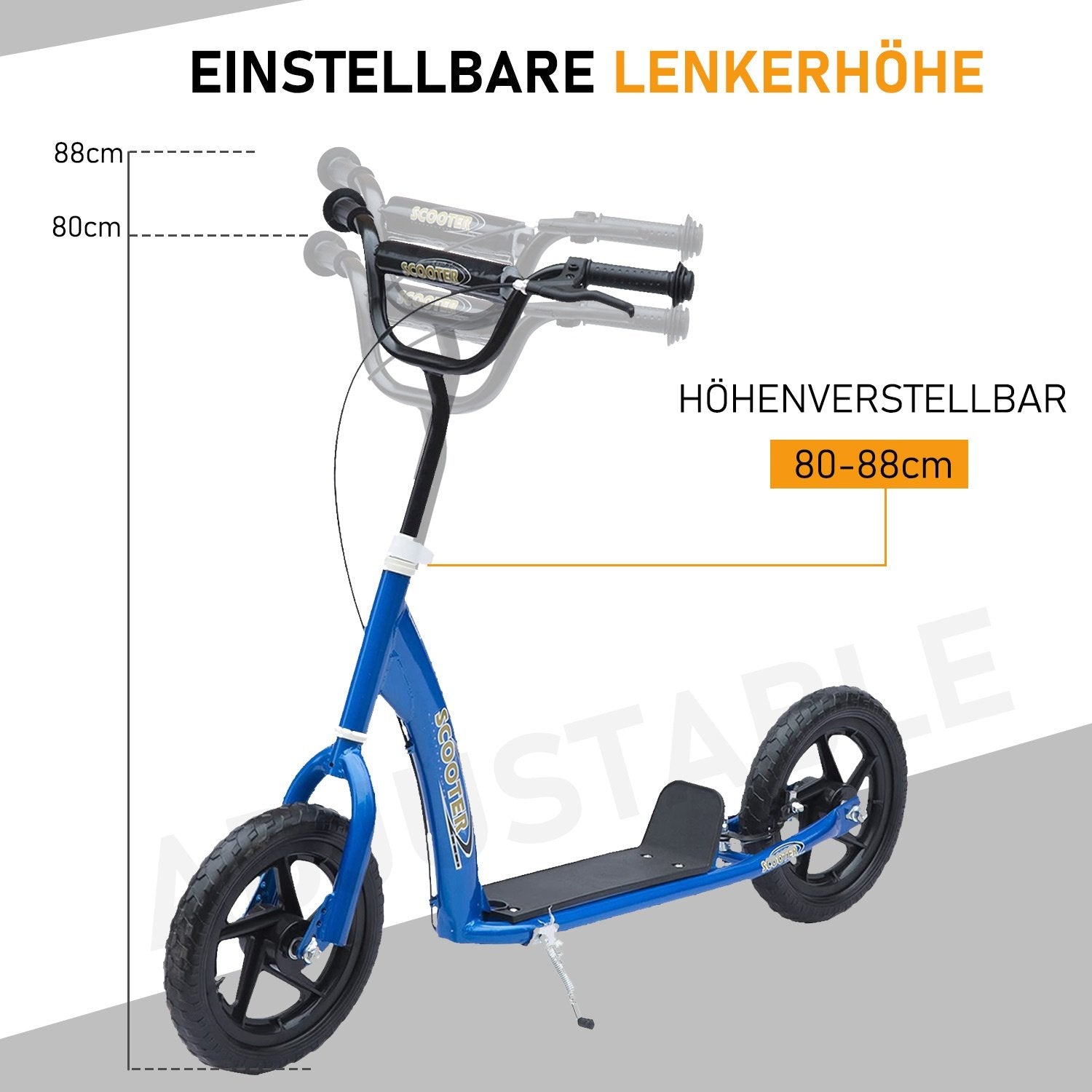 Scooter Barnescooter City Scooter 12 Tommer Med Brems bak, Høydejusterbar, Stål &amp; Eva, Blå, 120X52X80-88 Cm