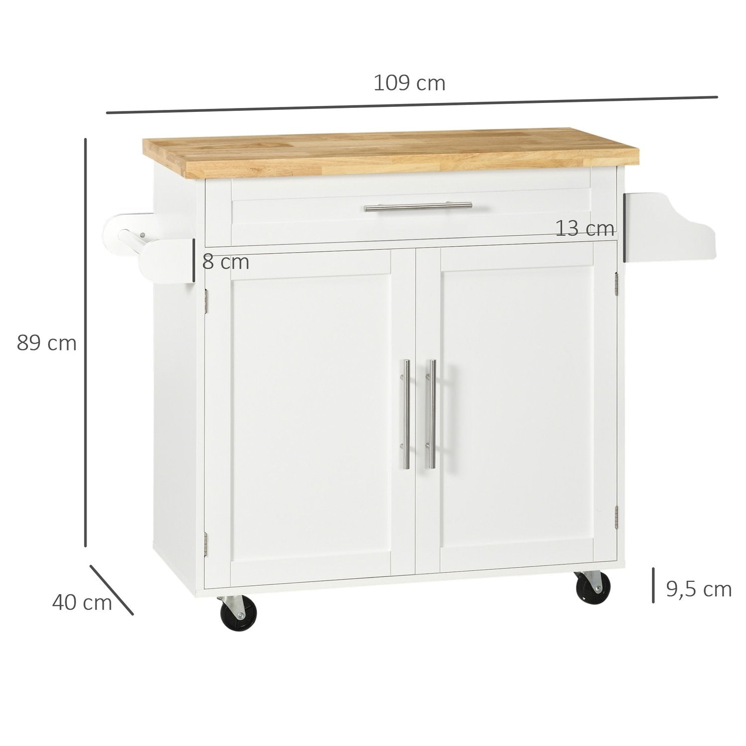 Serveringsvogn Kjøkkenvogn med benkeplate, krydderstativ, håndkleholder, hvit, 109X40X89cm for stue og spisestue