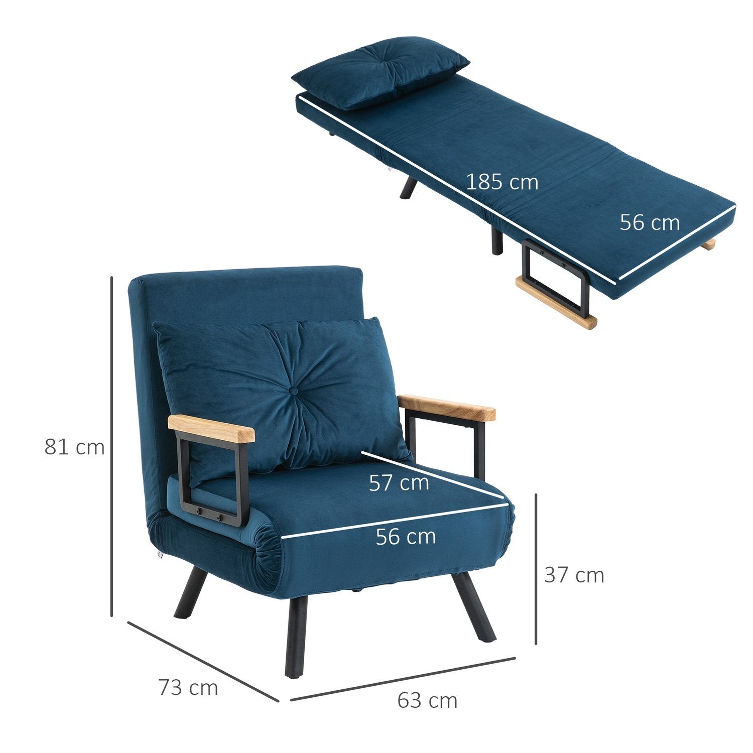 Sovesofa Relax Stol Seng Funksjon Gjesteseng Fløyels ryggpute Justerbar ryggstøtte Blå 63X73X81Cm