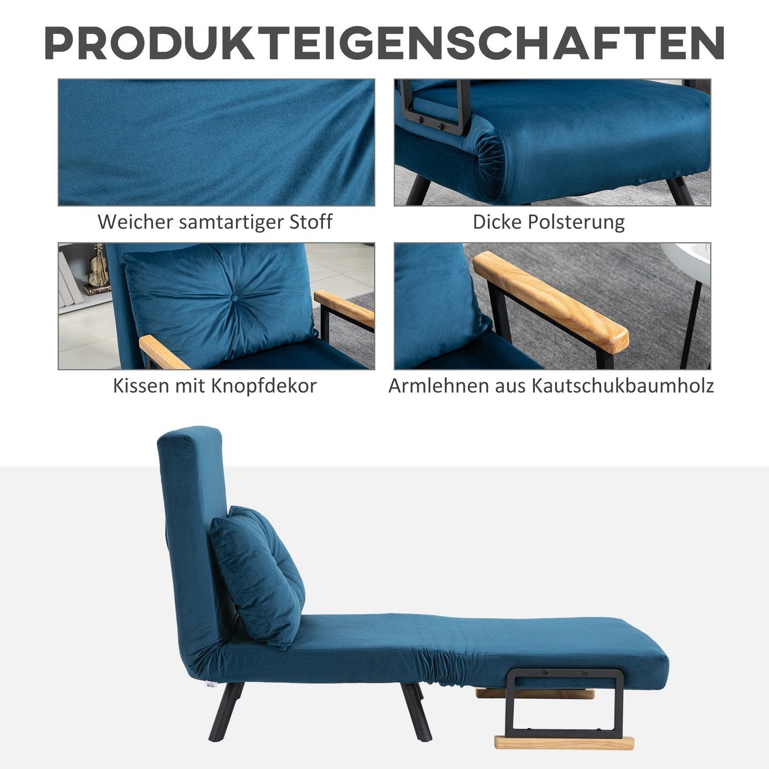 Sovesofa Relax Stol Seng Funksjon Gjesteseng Fløyels ryggpute Justerbar ryggstøtte Blå 63X73X81Cm