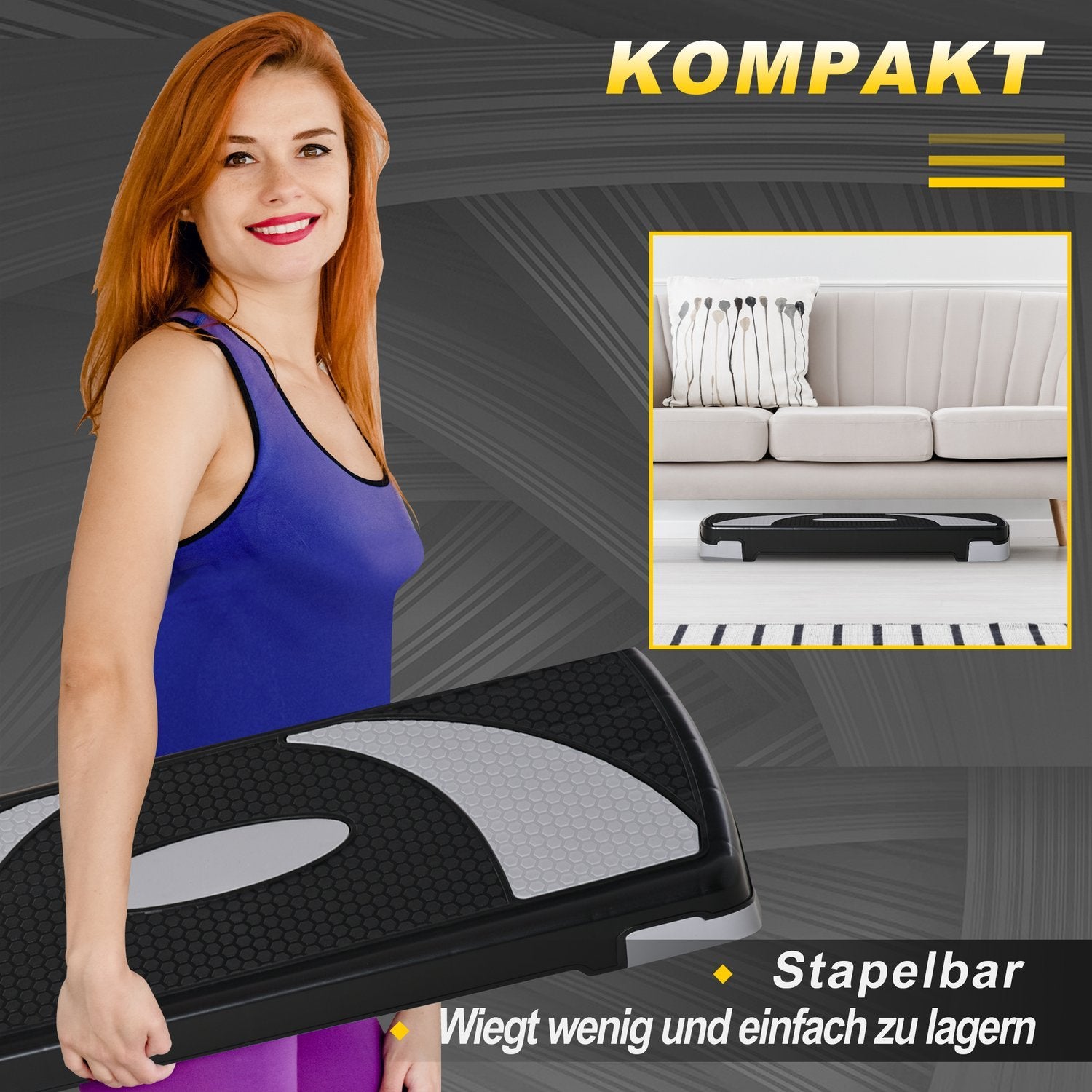 Stepping Board Aerobic Stepper Høydejusterbar med 3 nivåer (10/15/20 cm), treningssykkel, opptil 150 kg, 80X31X10-20 cm