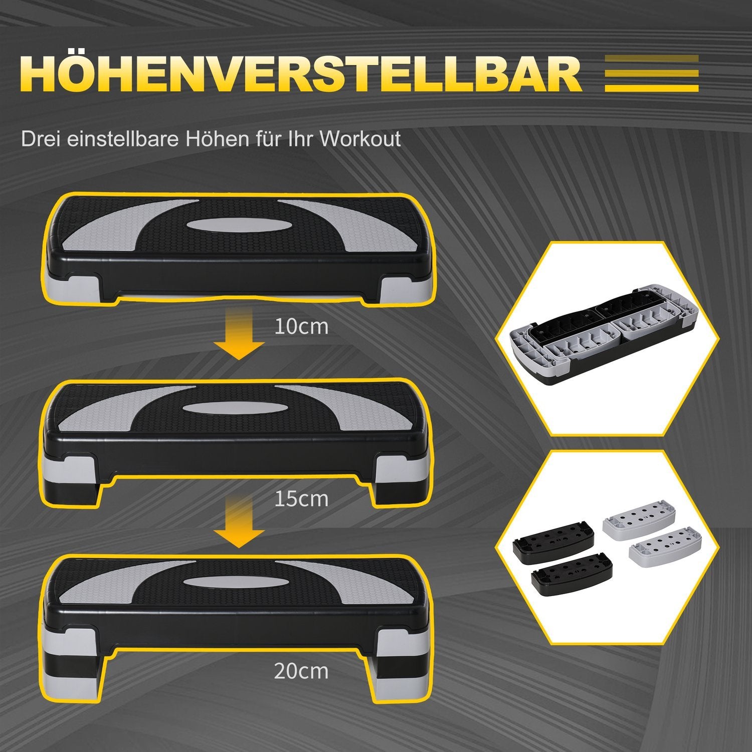 Stepping Board Aerobic Stepper Høydejusterbar med 3 nivåer (10/15/20 cm), treningssykkel, opptil 150 kg, 80X31X10-20 cm