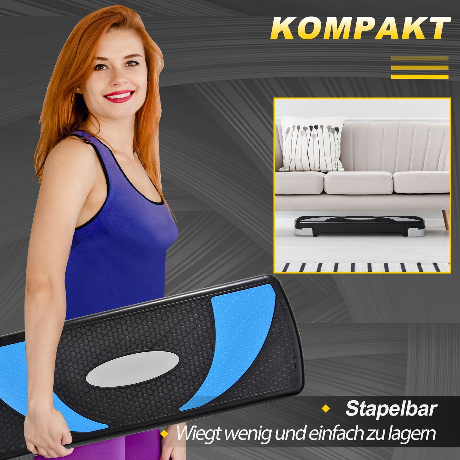 Stepping Board Aerobic Stepper Høydejusterbar med 3 nivåer (10/15/20 cm), treningssykkel, opptil 150 kg, lyseblå, 80X31X10-20 cm