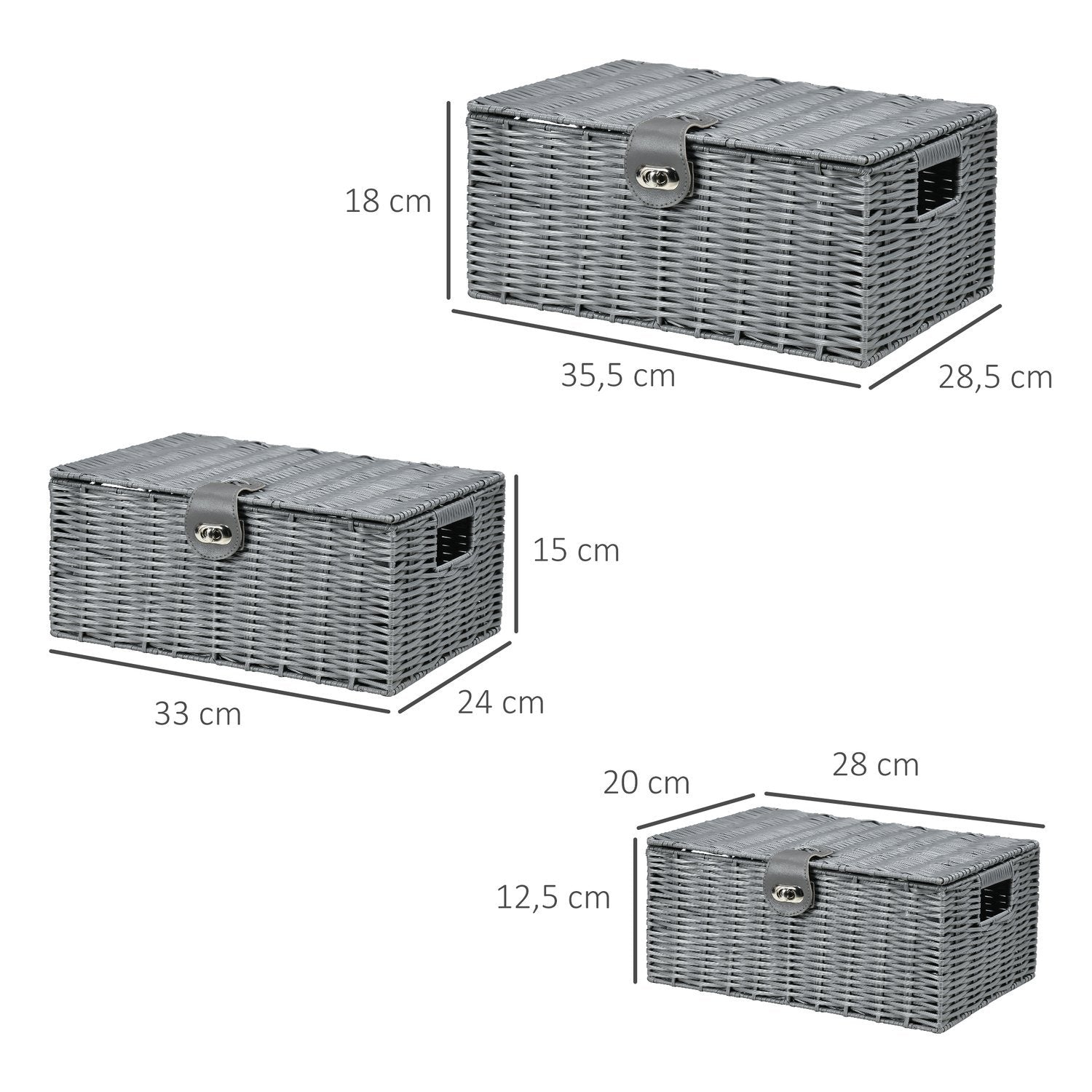 Oppbevaringsbokser sett med 3 med lokk og spenner, 18L/12L/7L, for stue, grå