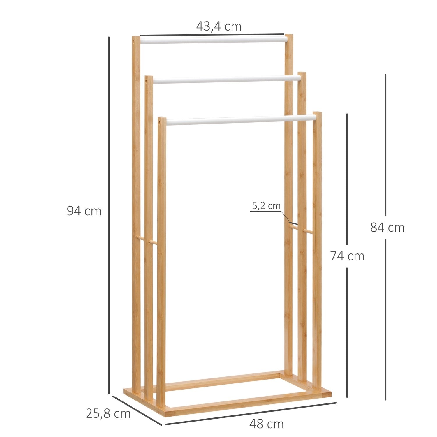 Håndklestativ Frittstående håndklestativ med 3 stenger, bambus, naturlig, 48x25,8x94 cm