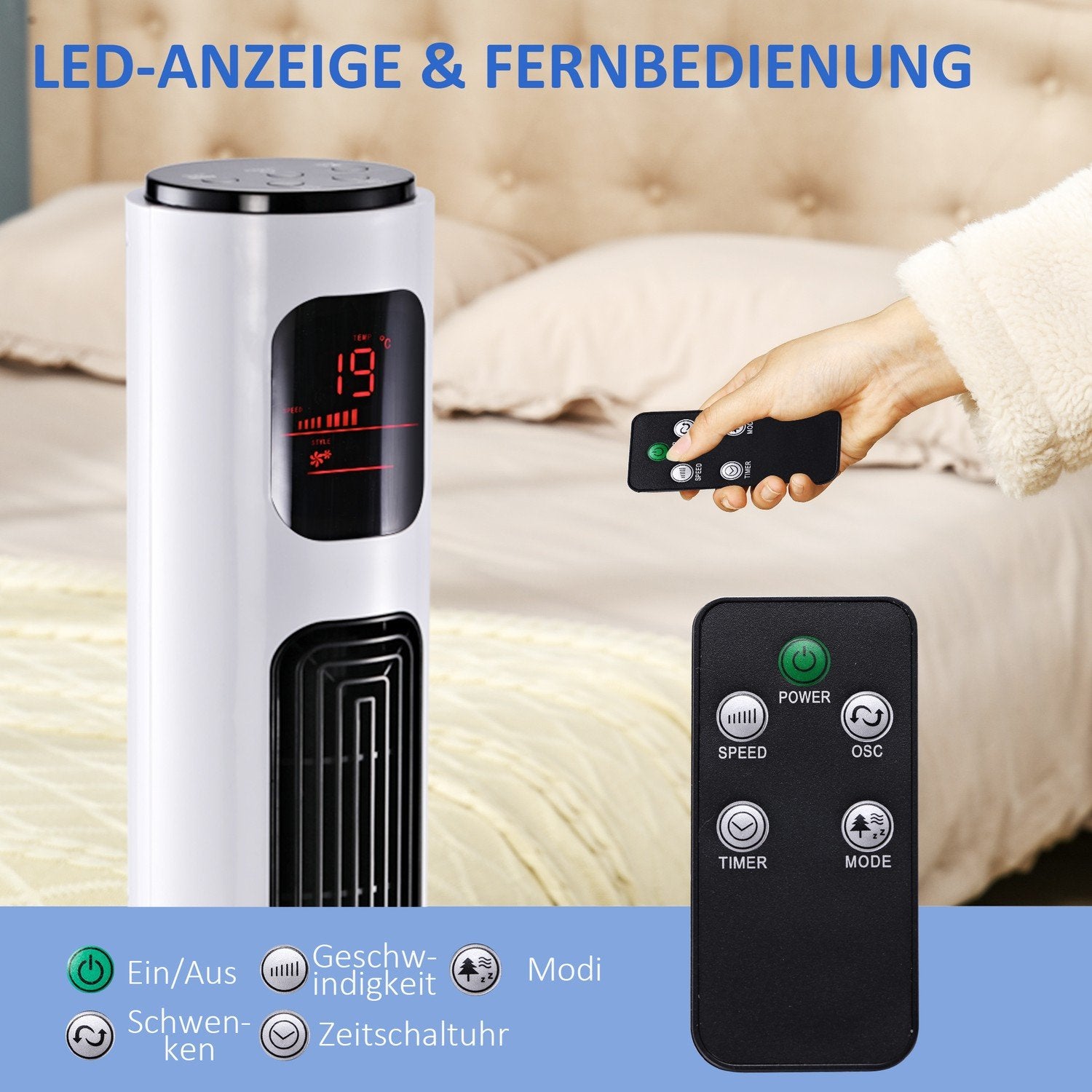 Tower Fläkt 70° Oscillerande Piedestal Fläkt 96Cm 45W 3 Lägen Abs Plast Vit+Svart