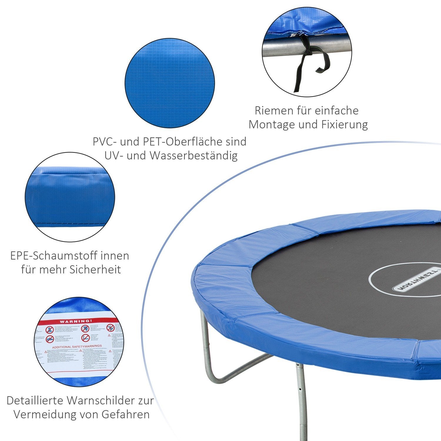 Tilbehørsett for trampolinekantbeskyttelse, beskyttelsesnett, værpresenning, stige, for 8Ft-15Ft, Ø 244Cm, Blå