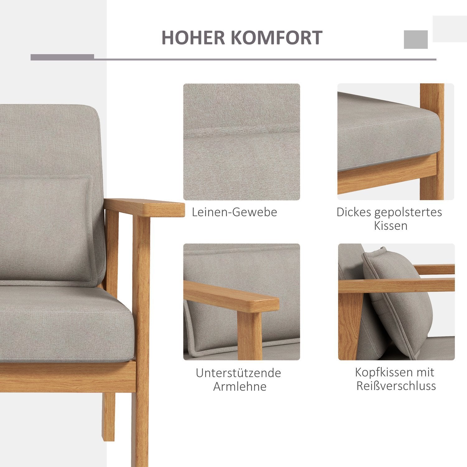 Polstret stol Komfortabel aksentstol med armlen til stue, soverom, treben, grå, 70X72X76Cm