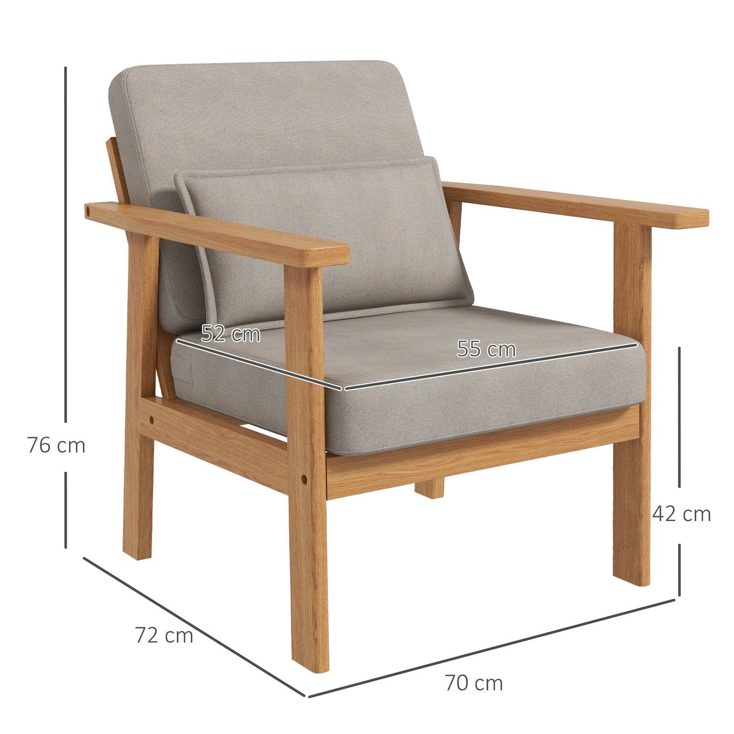 Polstret stol Komfortabel aksentstol med armlen til stue, soverom, treben, grå, 70X72X76Cm