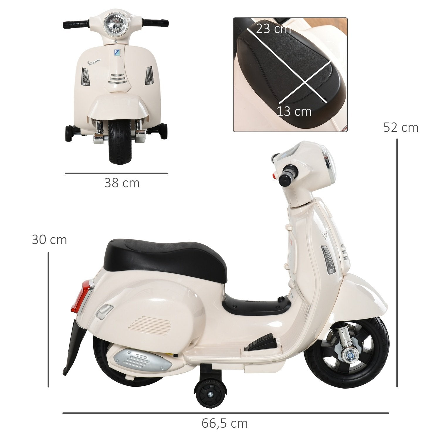 Vespa Elmotorsykkel Barnemotorsykkel, 18-36 mnd, 3 Km/T, Led lys og lyd, Pp Plast &amp; Metall, Hvit, 66,5X38X52Cm