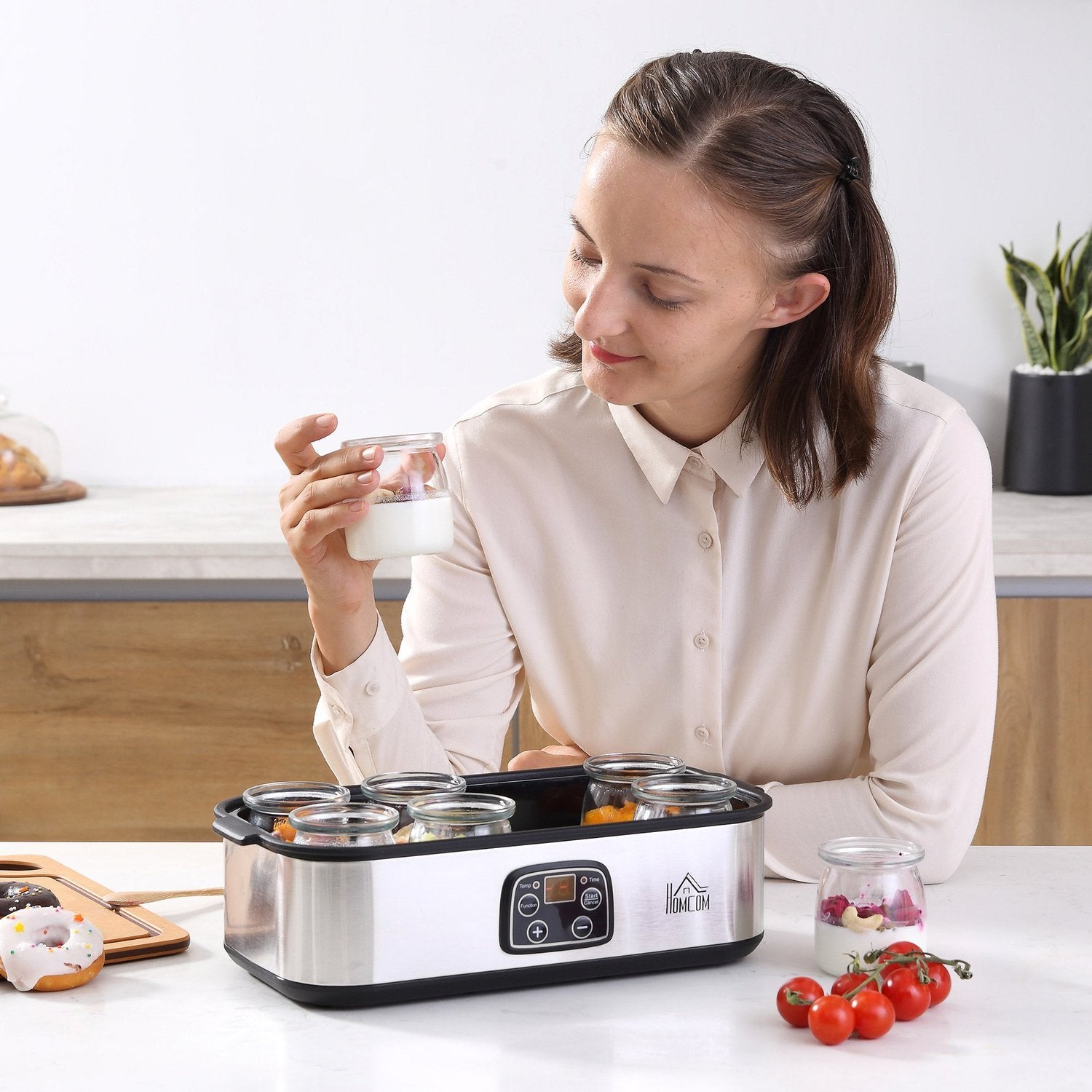 Yoghurt Maker 25W, Lcd-Skärm, 8 Burkar Med Lock, 180Ml, Justerbar Temperatur, Pc & Pp-Plast